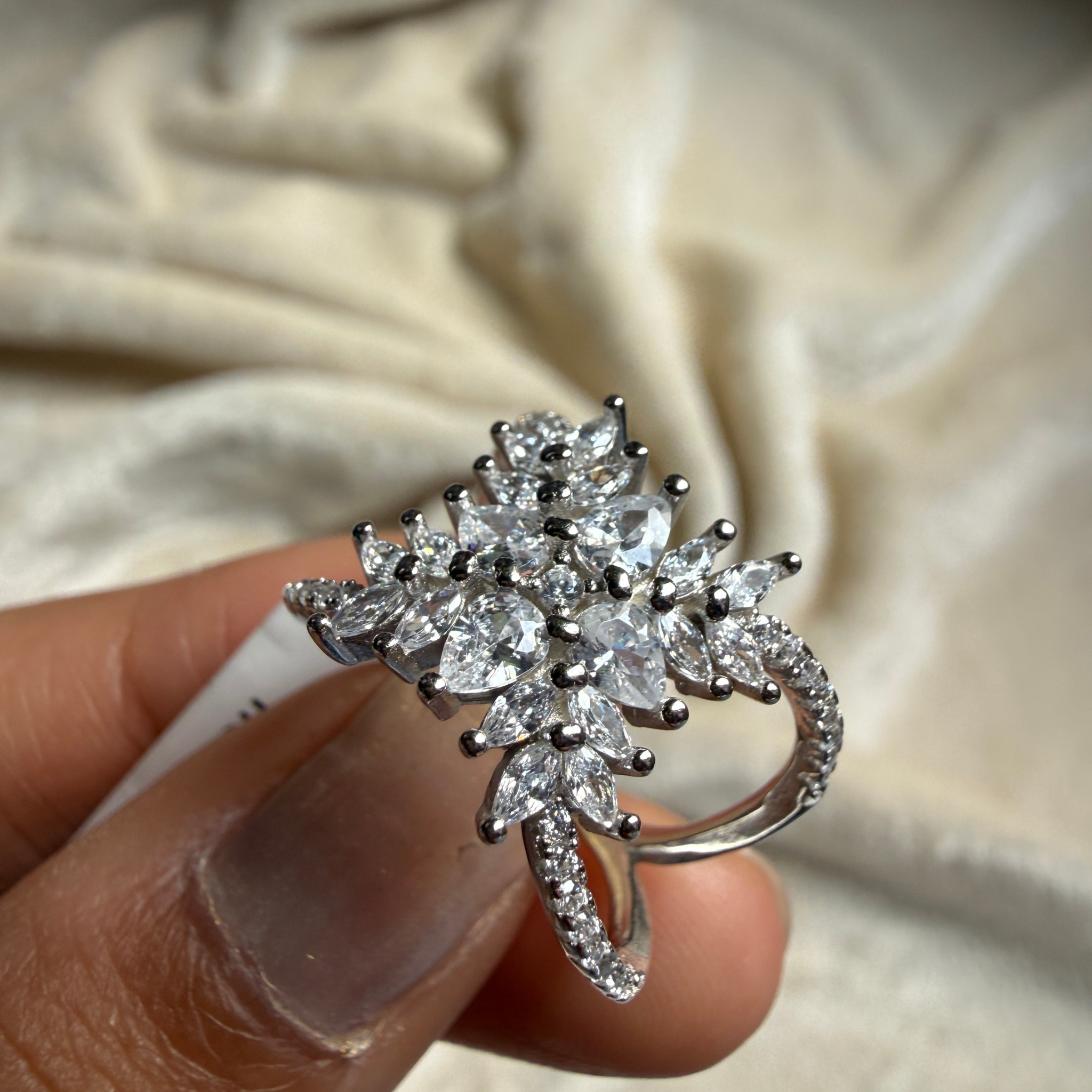 Pear and marquise floral lab-grown diamond statement ring by Kiashaa Jewellery.
