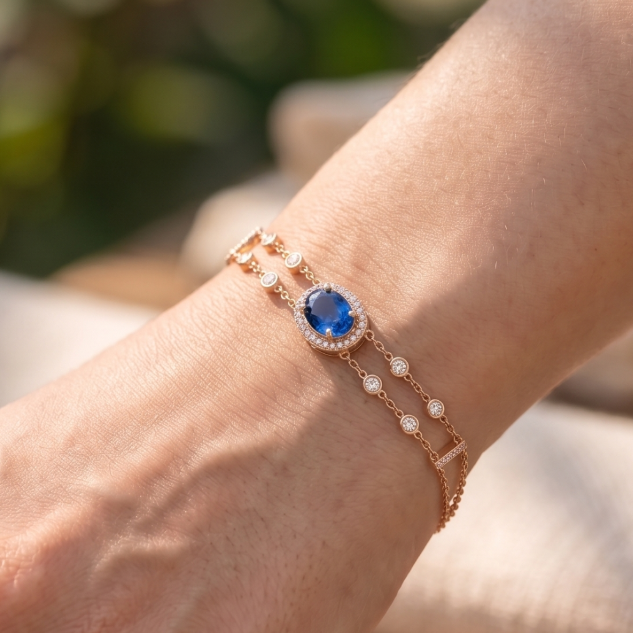 2 CT oval blue sapphire bracelet with diamond halo in yellow gold by Kiashaa Jewellery.