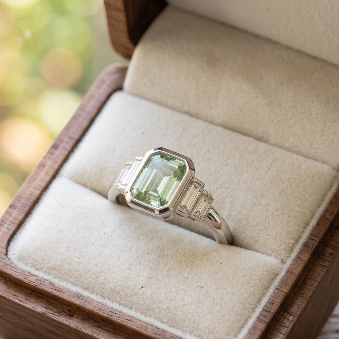 Kiashaa Jewellery 2.13 CTW green emerald and baguette diamond ring in polished yellow gold.
