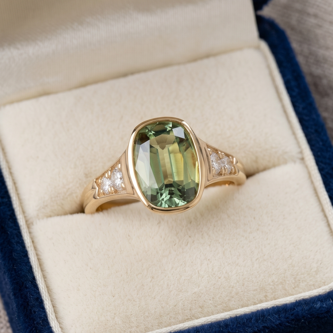 Luxury green gemstone ring available in white yellow and rose gold