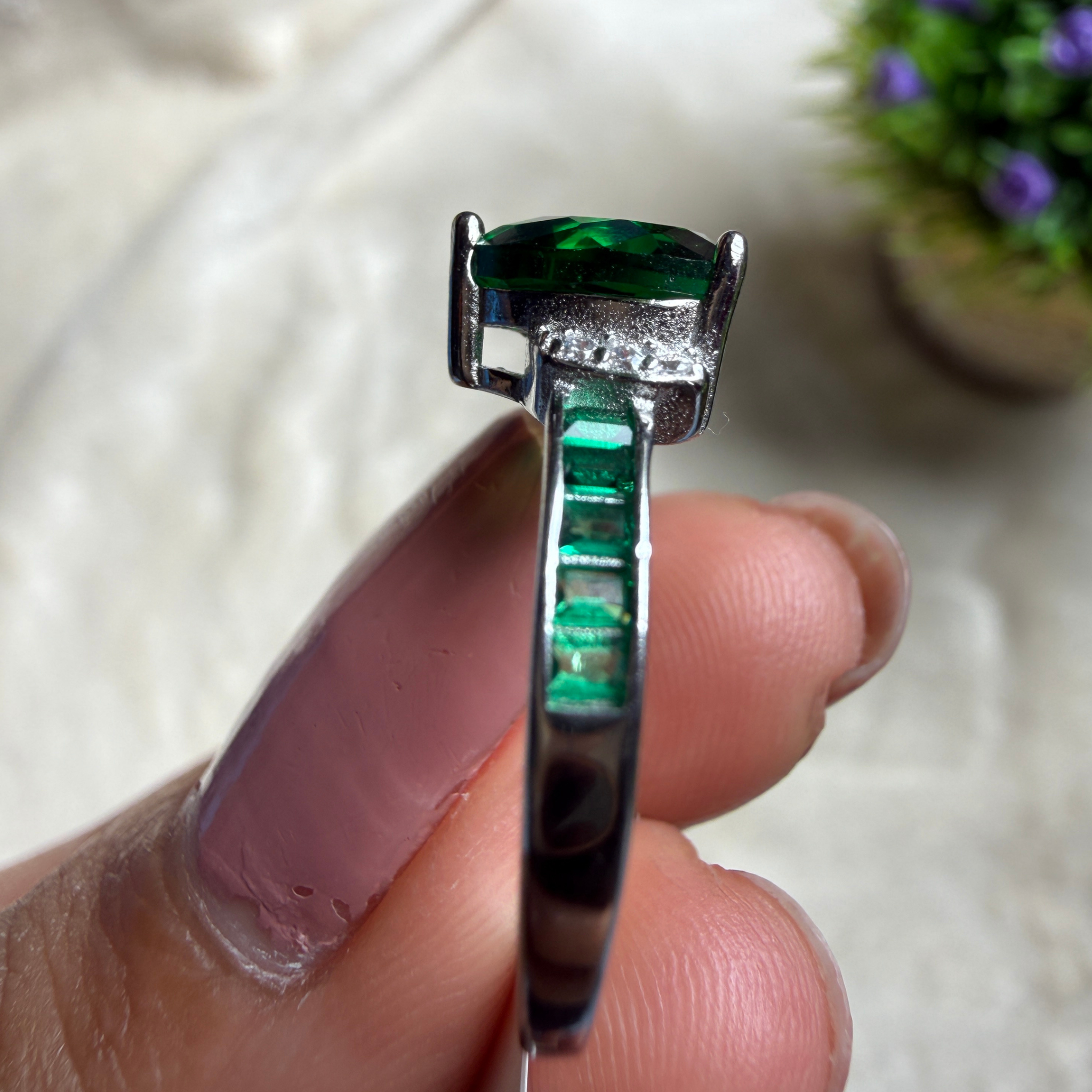 Green heart gemstone and lab-grown diamond ring in white gold by Kiashaa Jewellery.