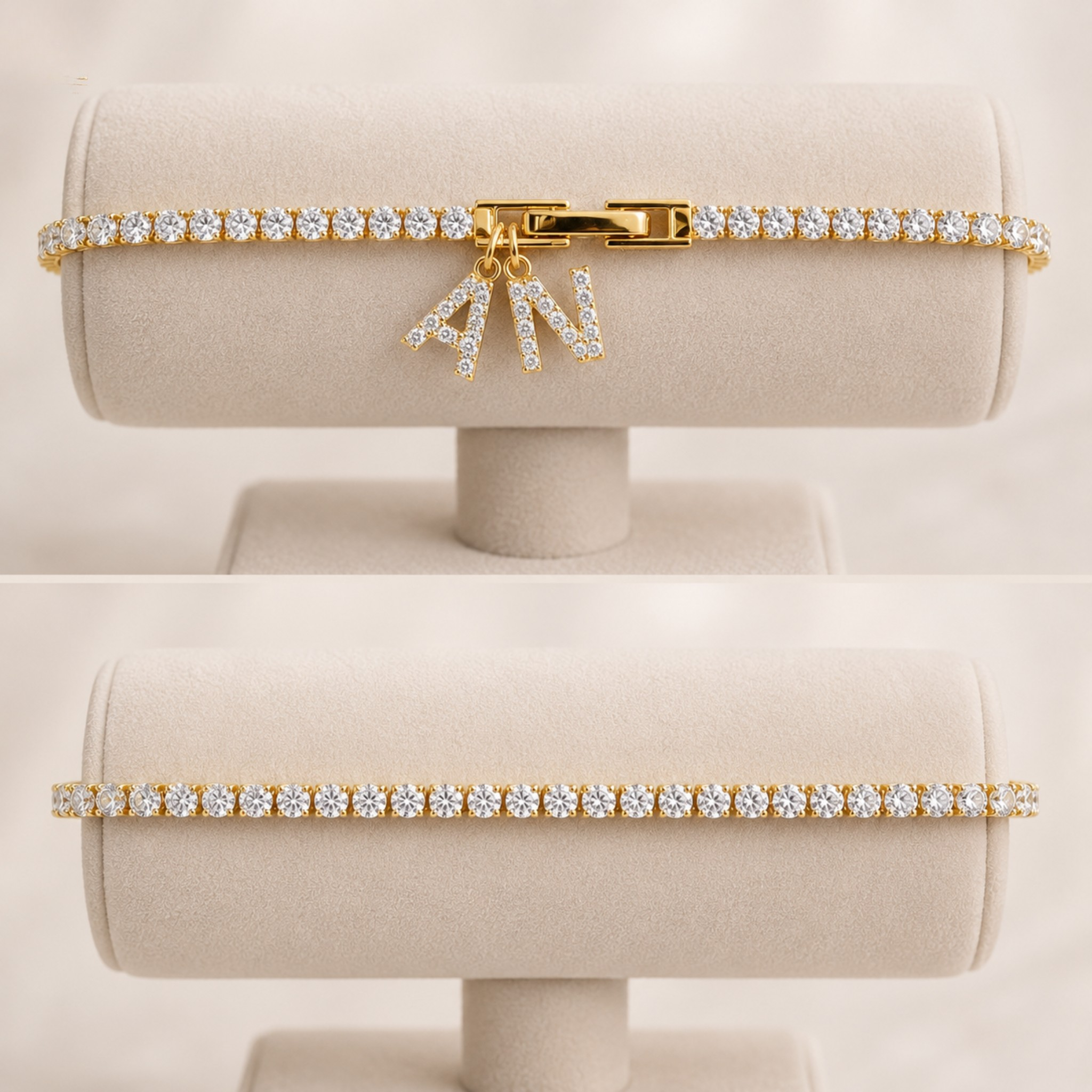 A gold tennis bracelet with clear stones, shown on a cream jewelry display stand in two views: a close-up of the clasp and charm, and a full wrap view.