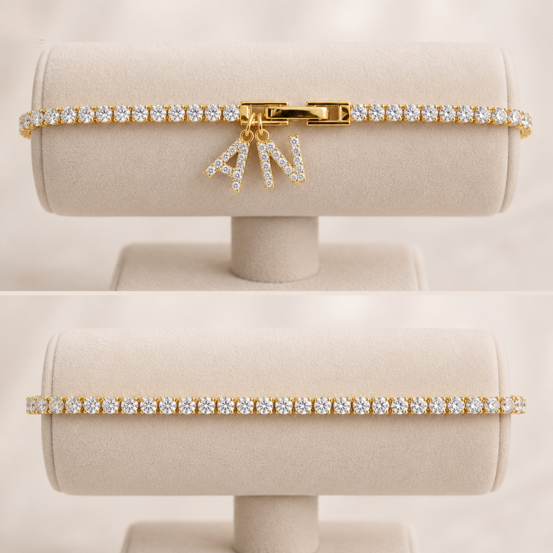 A gold tennis bracelet with clear stones, shown on a cream jewelry display stand in two views: a close-up of the clasp and charm, and a full wrap view.