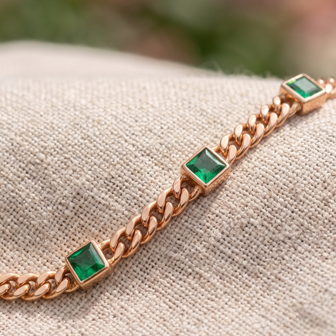 Kiashaa Jewellery 2.047 CTW green princess-cut Cuban bracelet in polished yellow gold.