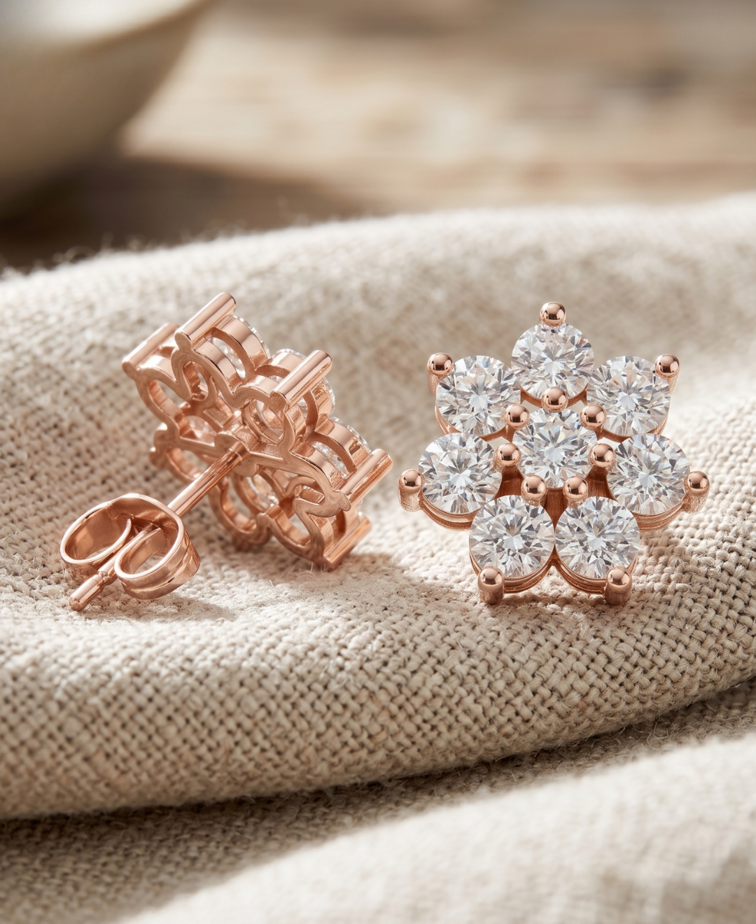 Kiashaa Jewellery 2.64 CTW round diamond earrings in rose gold featuring a radiant flower-inspired silhouette.