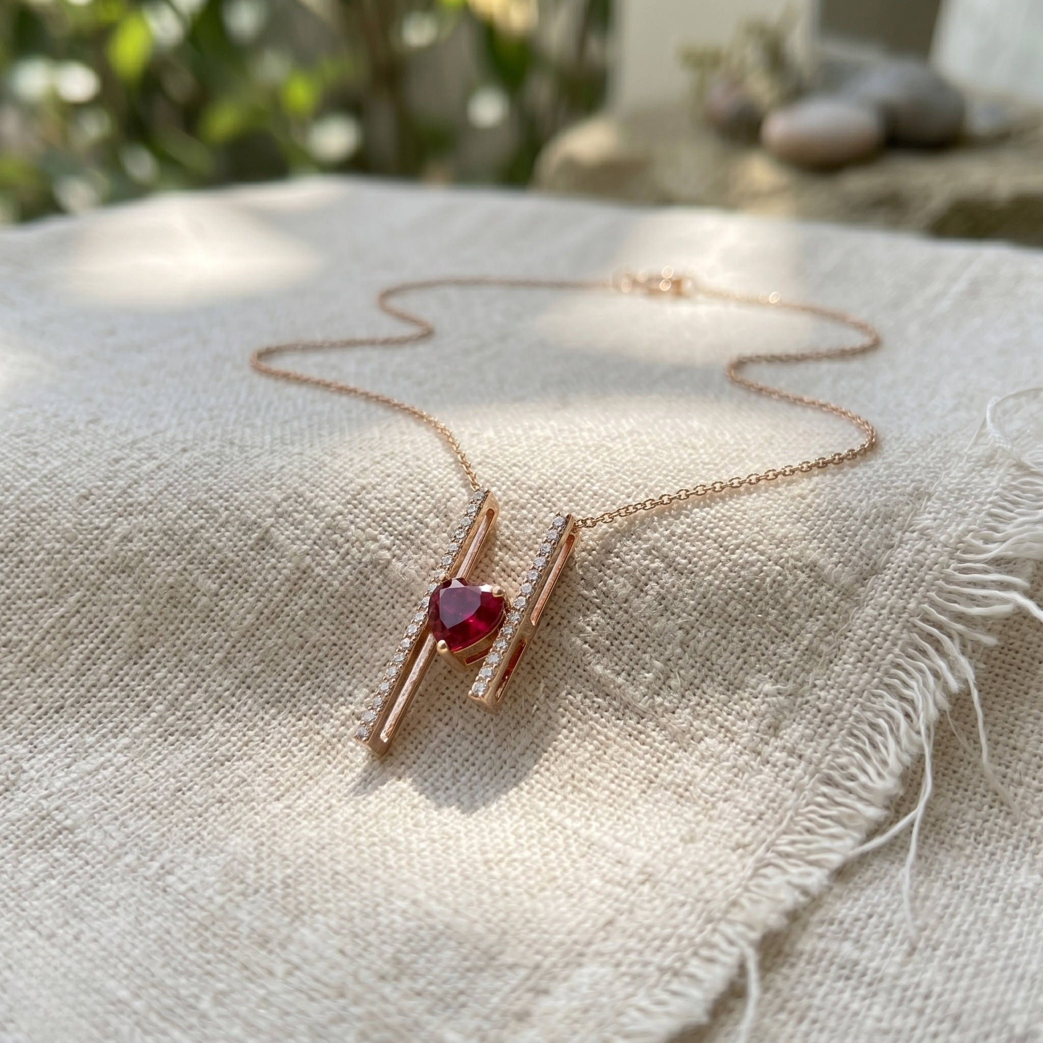 Red heart gemstone and lab-grown diamond pendant necklace by Kiashaa Jewellery in rose gold.