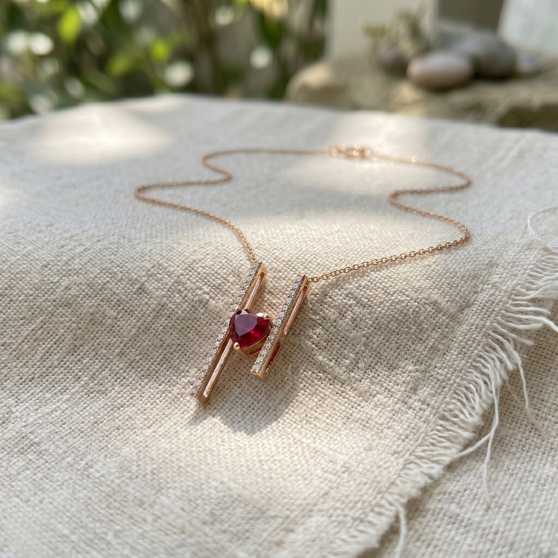 Red heart gemstone and lab-grown diamond pendant necklace by Kiashaa Jewellery in rose gold.