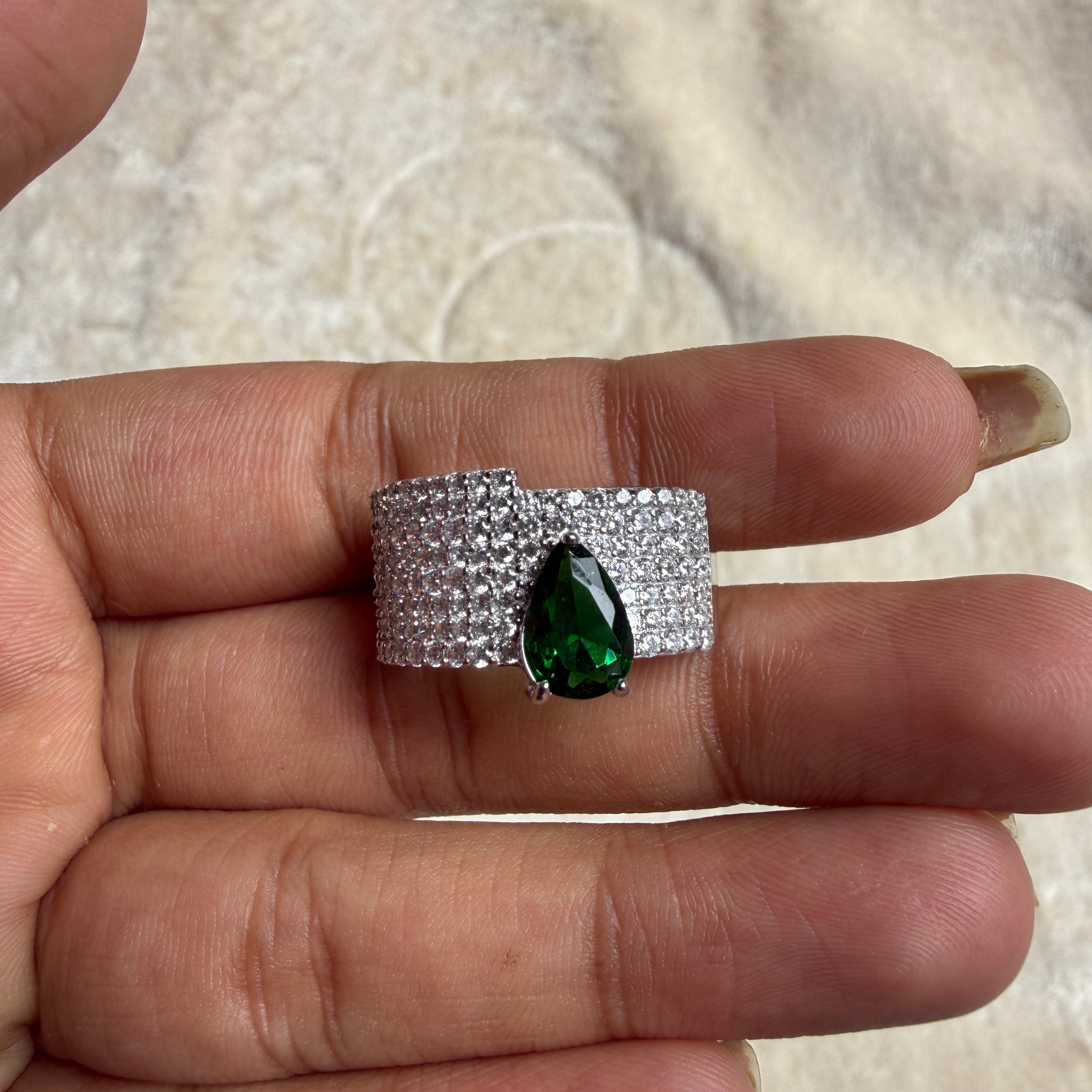 Green pear gemstone and pavé lab-grown diamond statement ring by Kiashaa Jewellery.