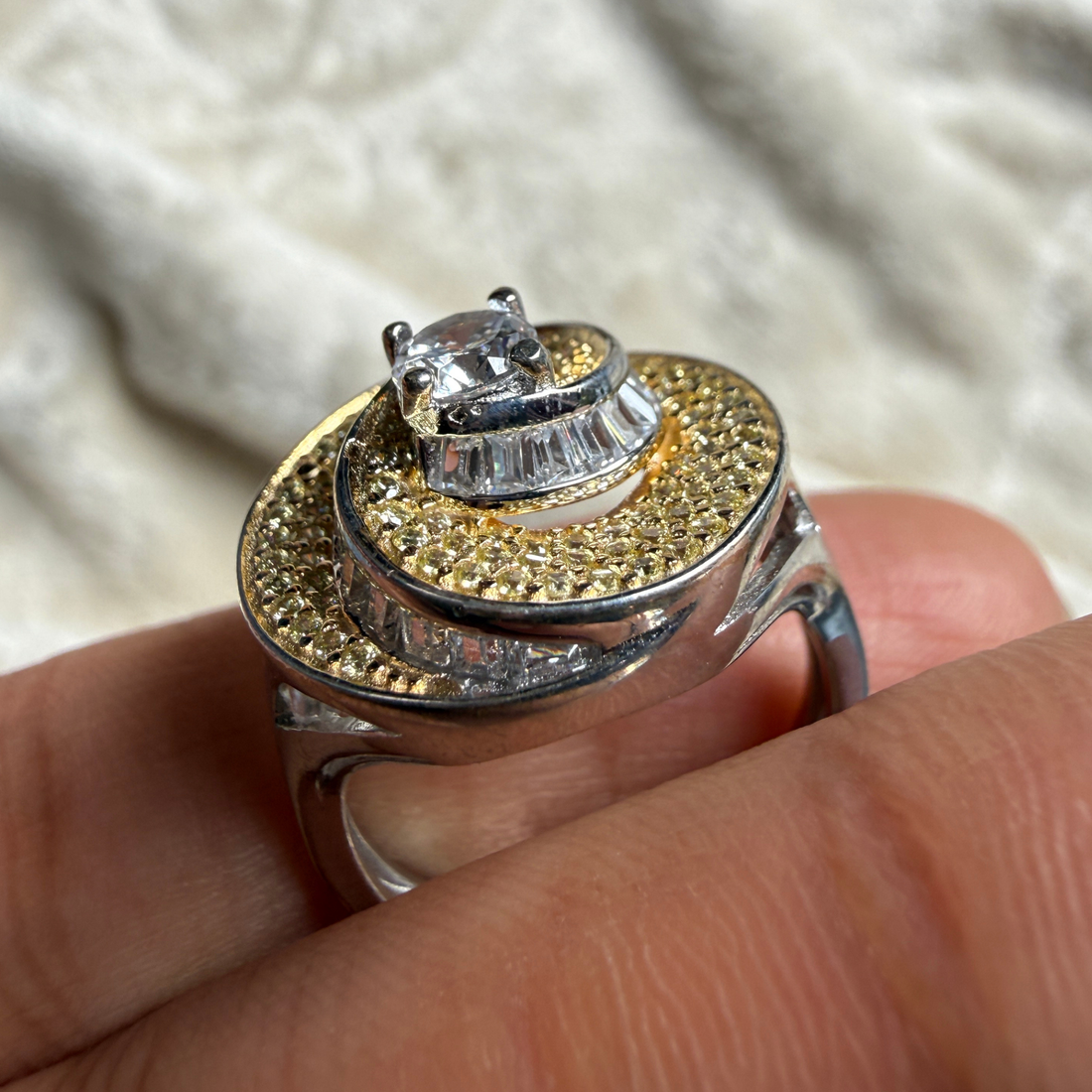 Round and baguette lab-grown diamond swirl statement ring by Kiashaa Jewellery.