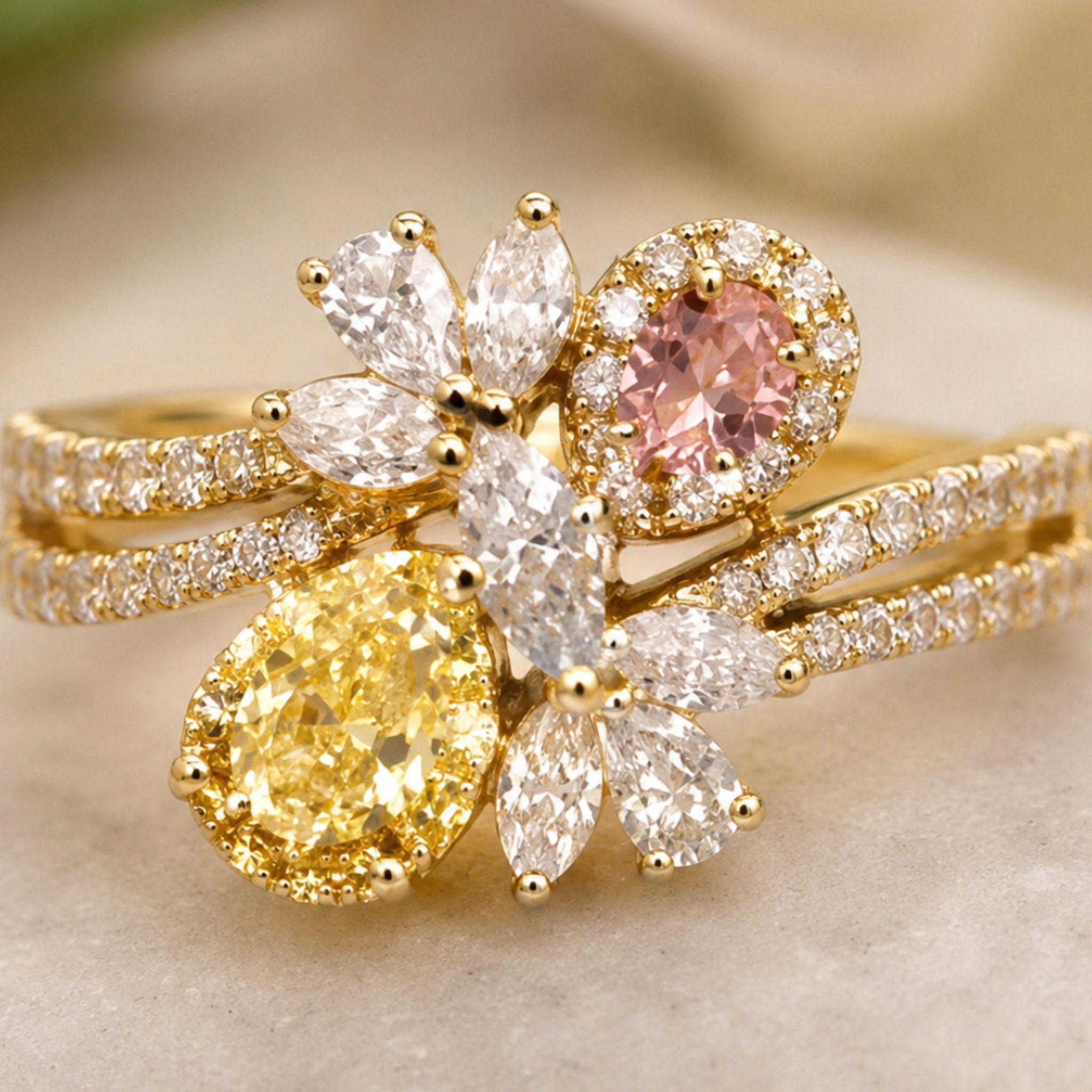 Aurora Bloom 3 CTW multi-color diamond floral ring by Kiashaa Jewellery with yellow and pink pear-shaped diamonds.