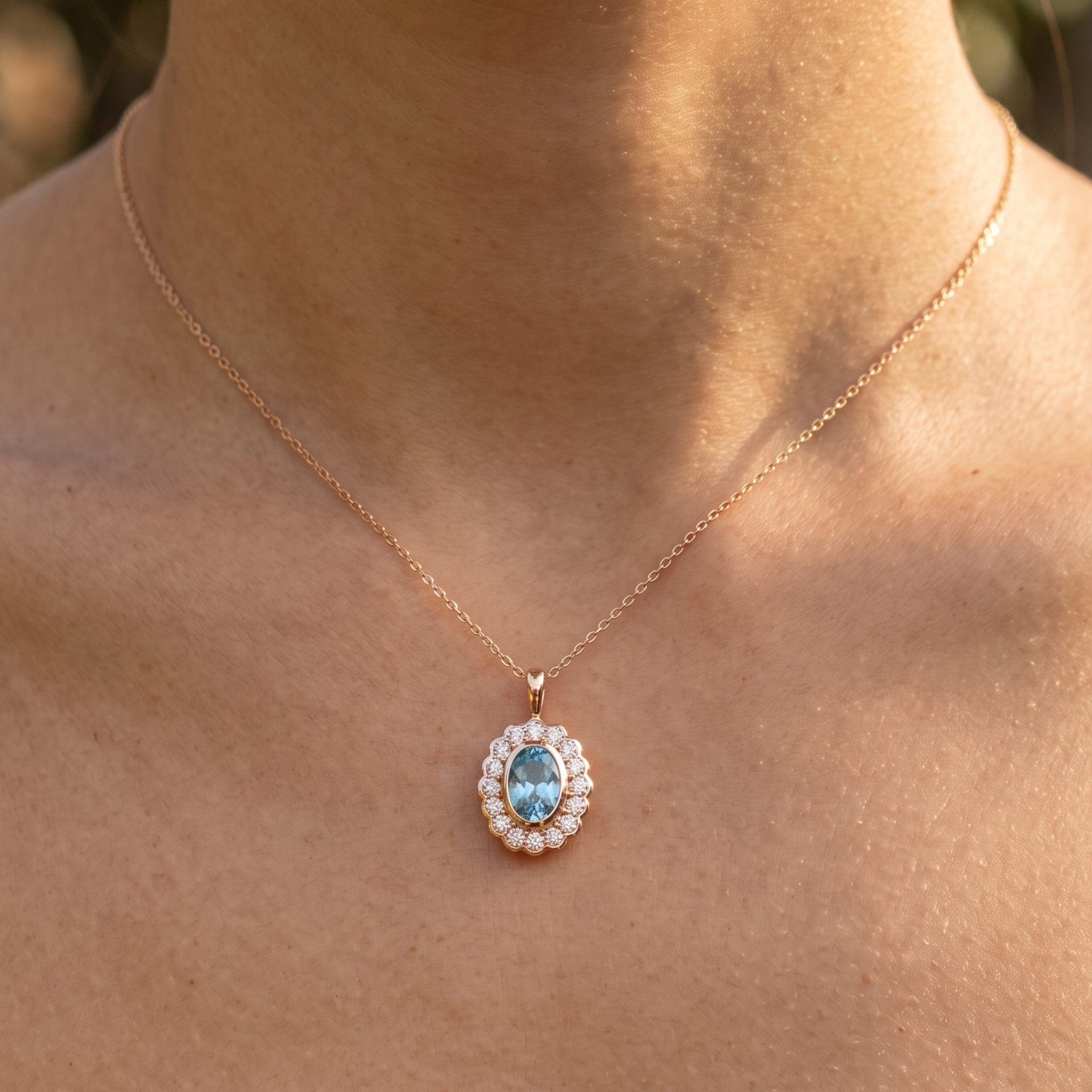Azure Bloom 1.24 CTW Oval Blue Gemstone Halo Pendant Necklace in 9K, 14K & 18K Gold