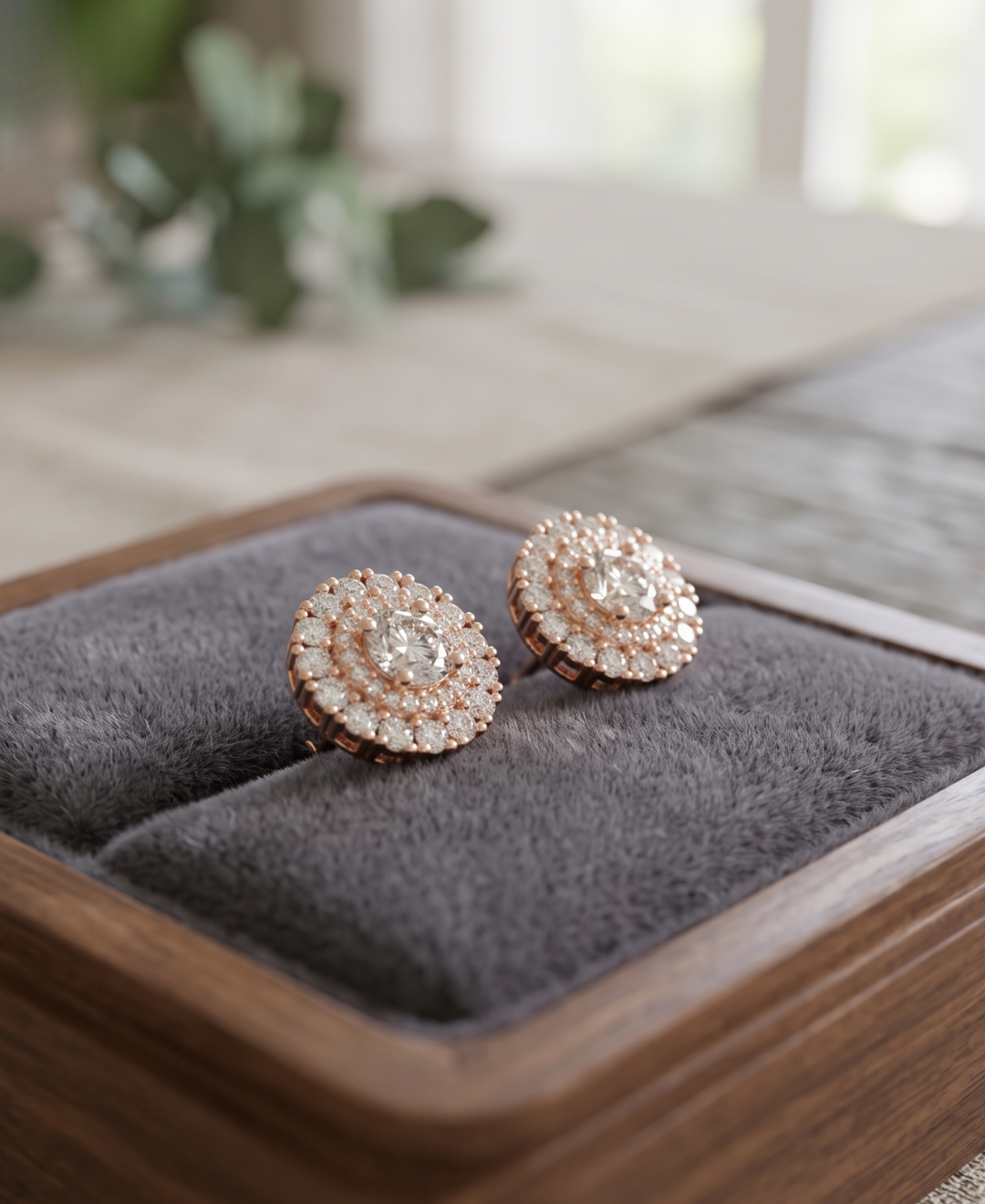 Premium round lab-grown diamond halo earrings by Kiashaa Jewellery with exceptional brilliance.