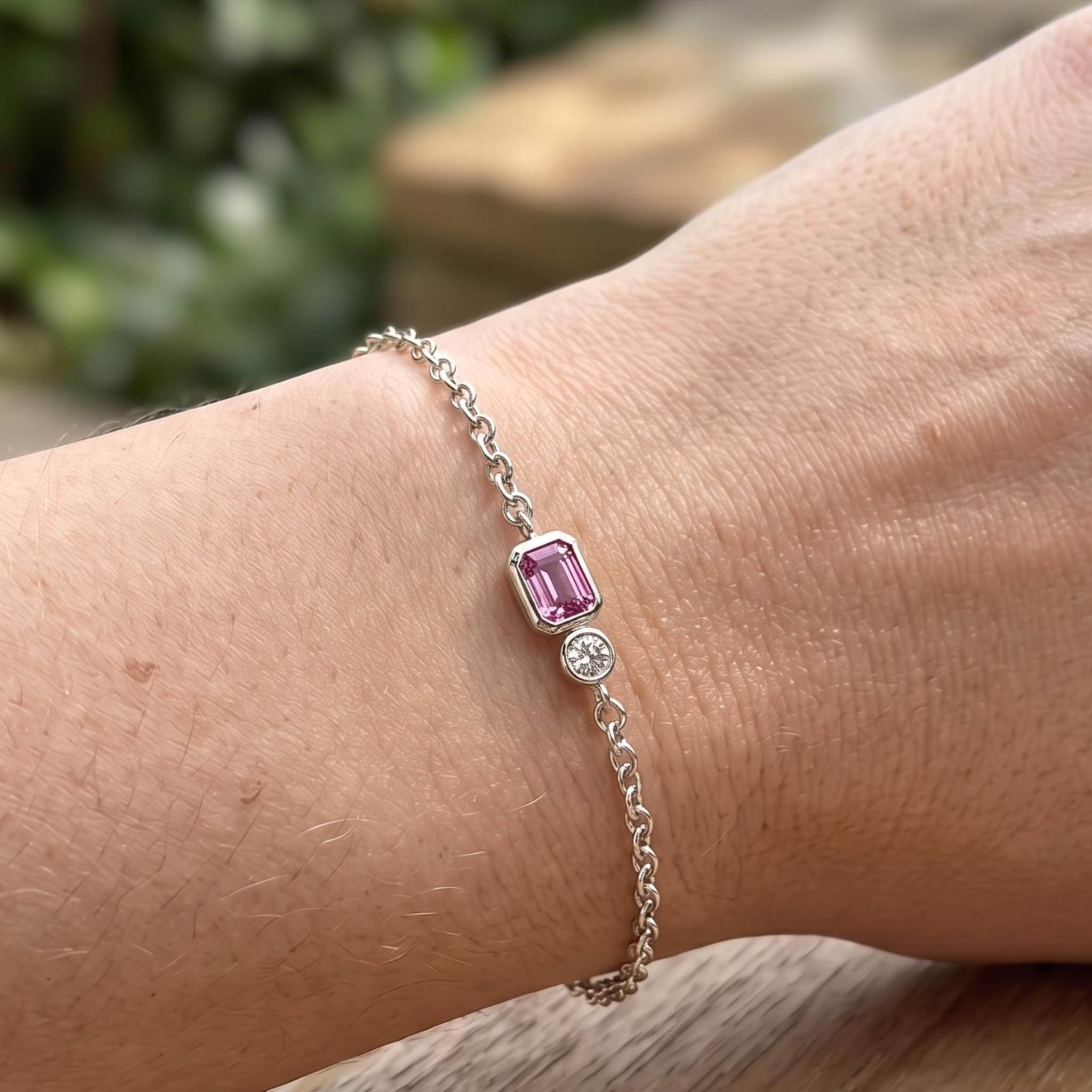 Kiashaa Jewellery 1.14 CTW pink emerald and round diamond bracelet in polished yellow gold.