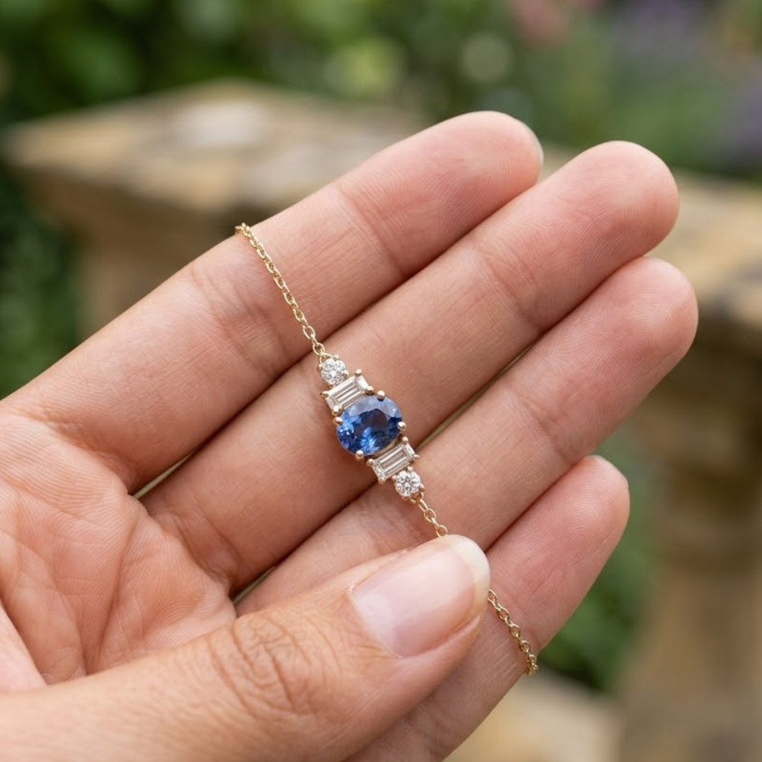 1.18 CTW Oval Blue Gemstone & Diamond Station Bracelet