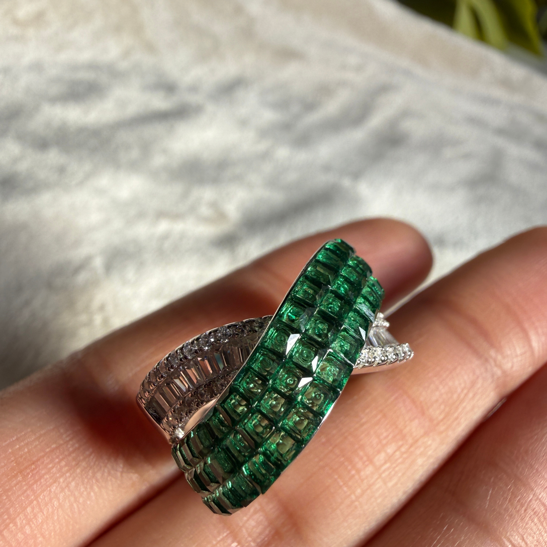 Green CZ and lab-grown diamond bypass statement ring by Kiashaa Jewellery.