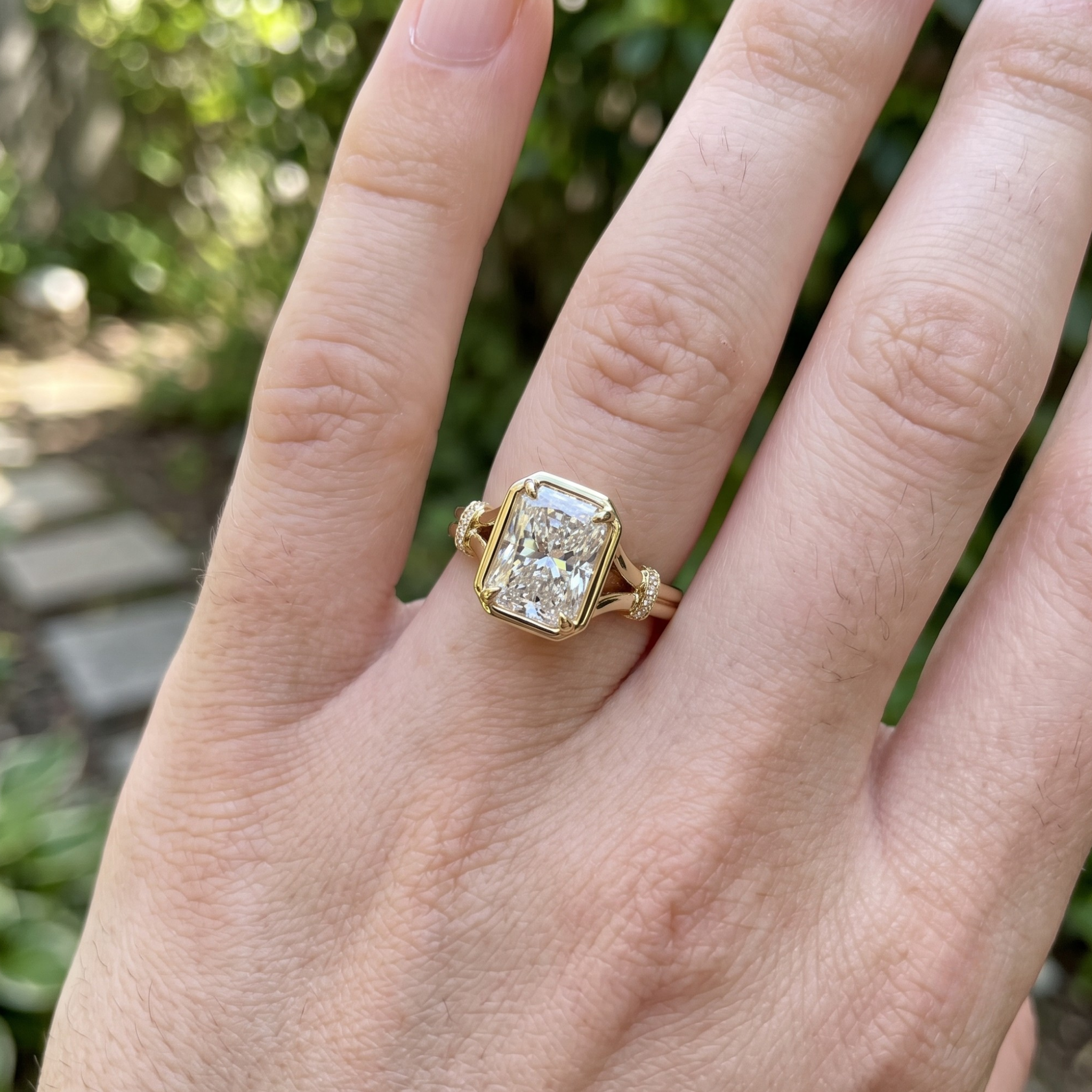 Regal Arc 2.12 CTW radiant diamond ring by Kiashaa Jewellery in polished yellow gold.