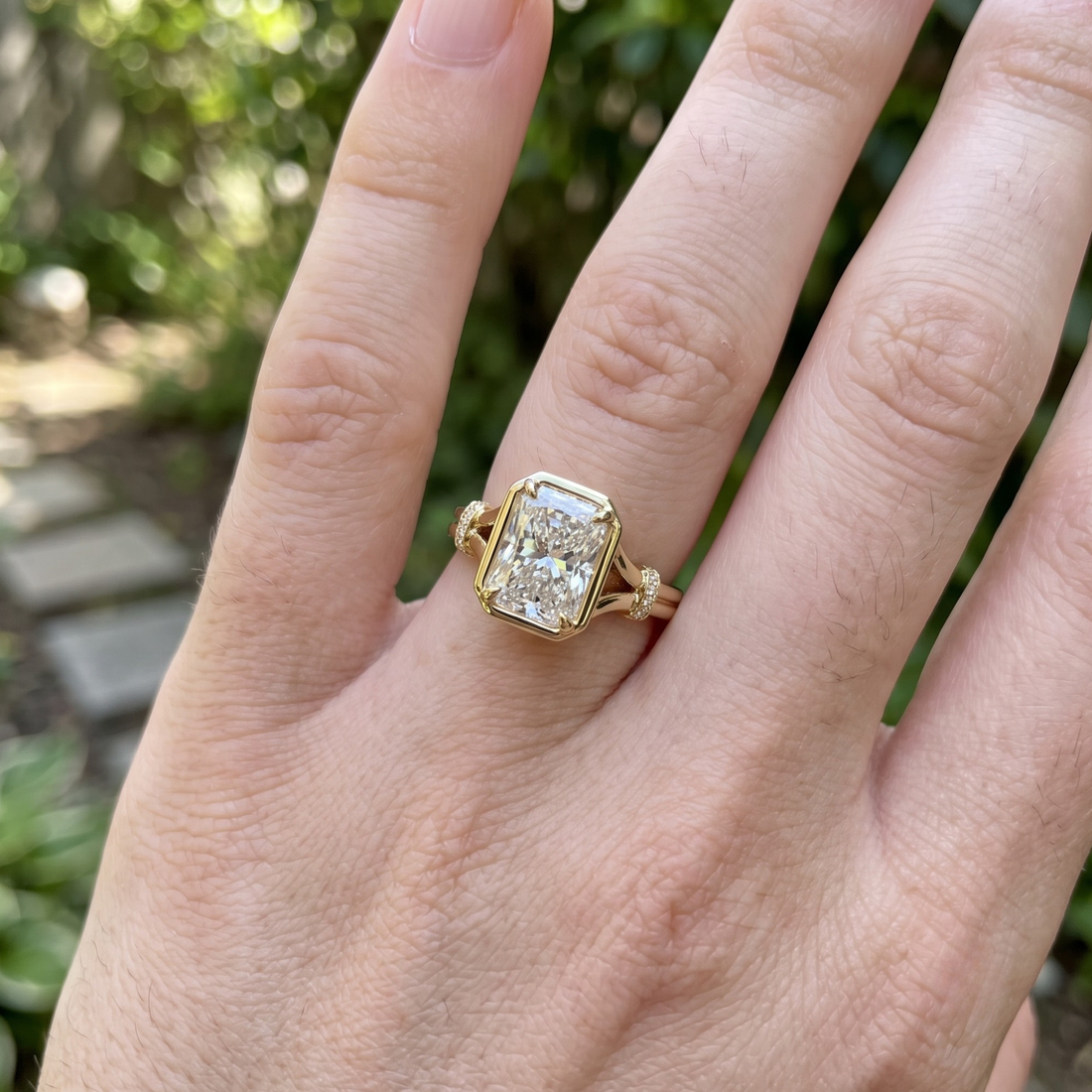 Regal Arc 2.12 CTW radiant diamond ring by Kiashaa Jewellery in polished yellow gold.