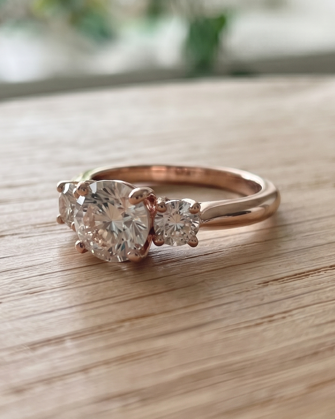Kiashaa Jewellery 1.5 CT three-stone engagement ring in rose gold with round and oval lab-grown diamonds.