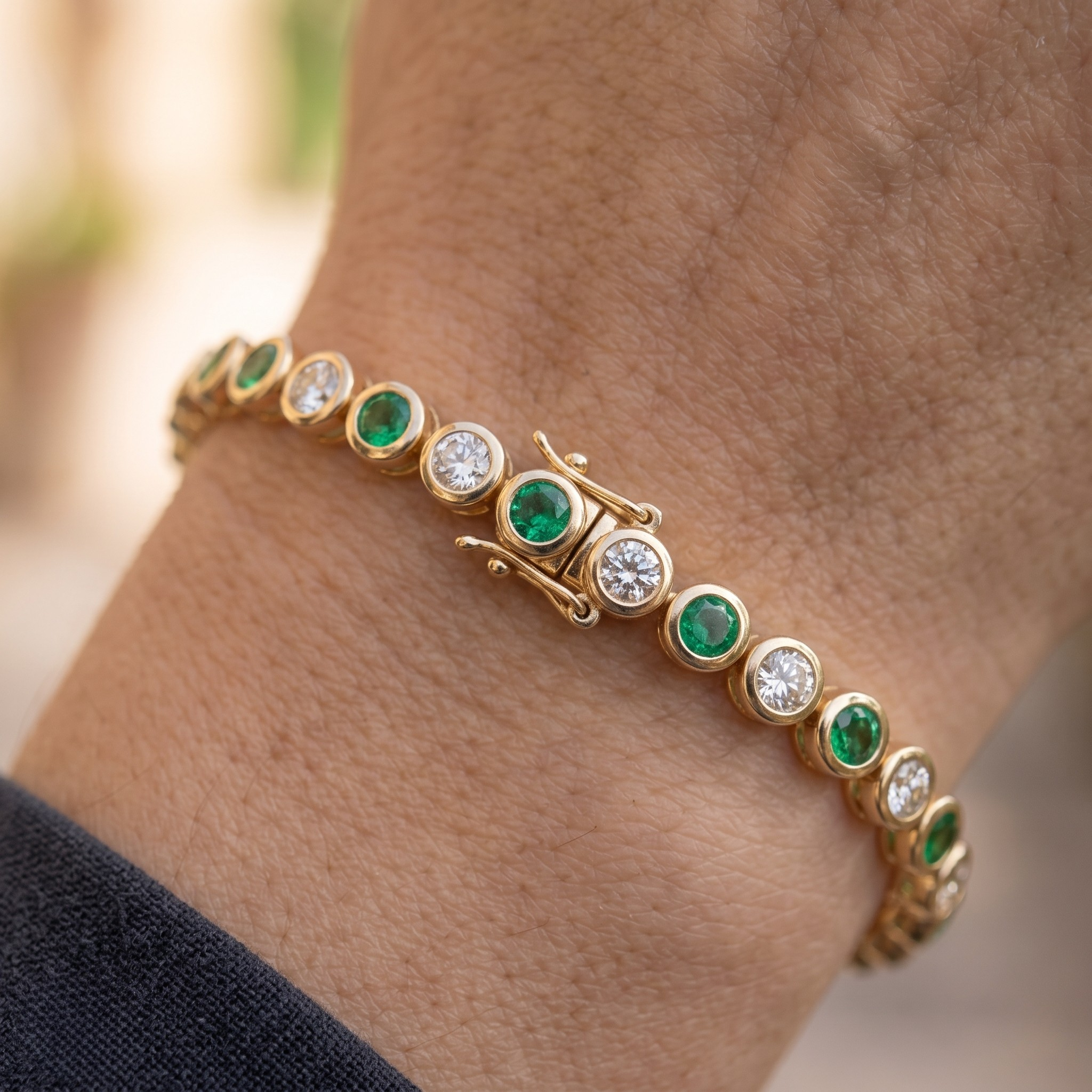 Alternating green gemstone and white diamond bracelet with round bezel-set stones.