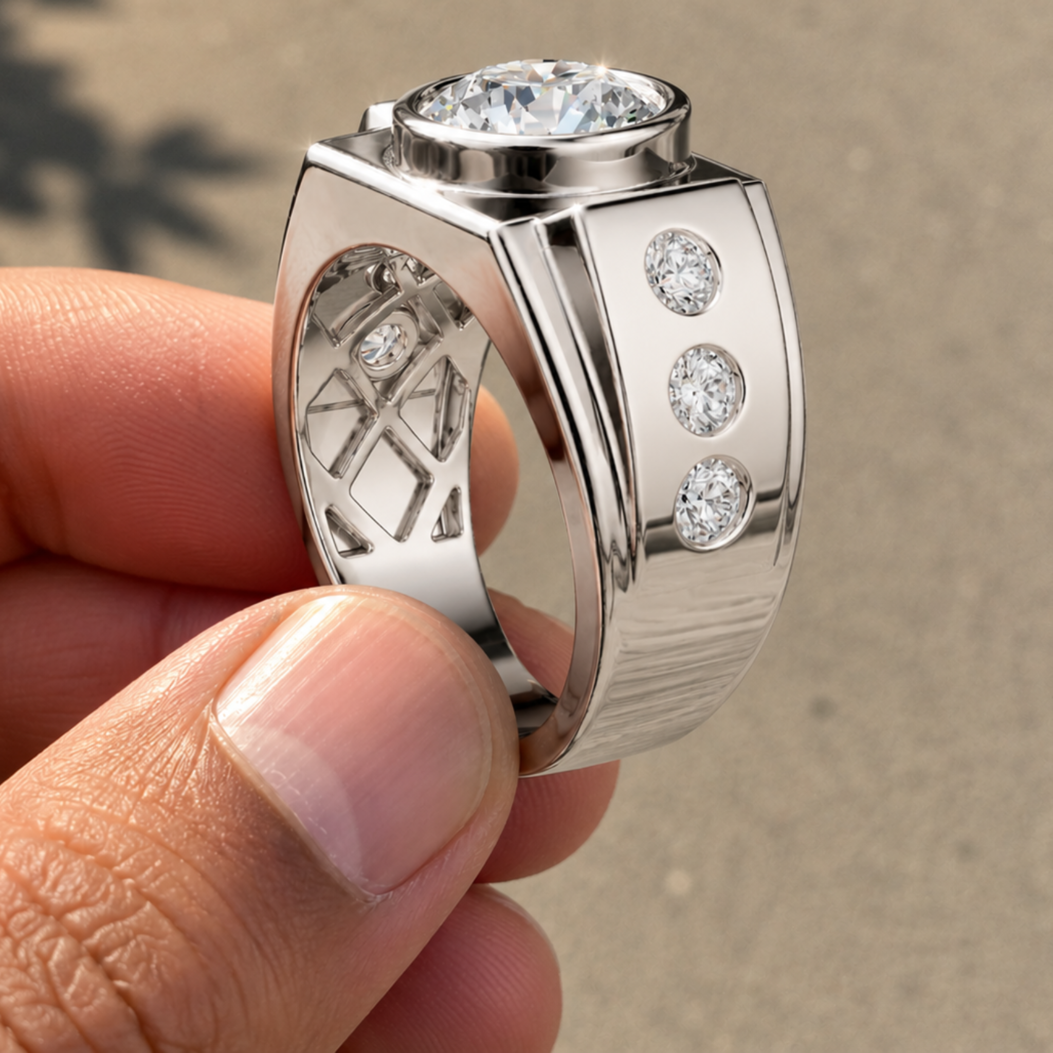 A silver-toned ring with a large round clear gemstone on top and three smaller round stones on the side, held between fingers against a blurred outdoor background.