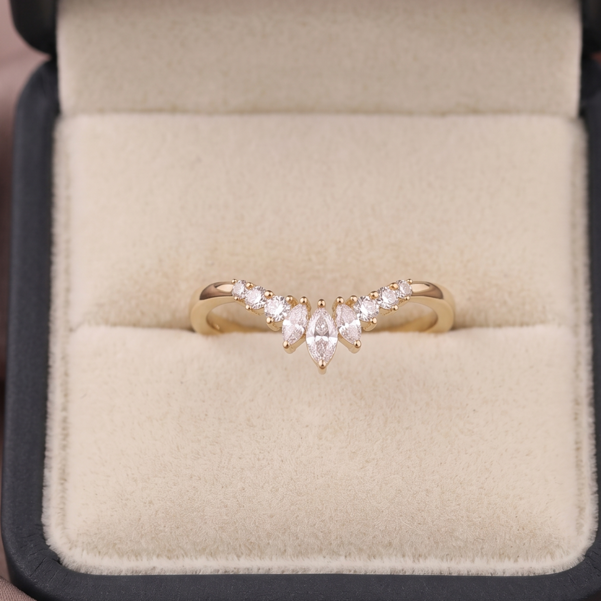 A gold ring with marquise-cut clear gemstones arranged in a V-shape, displayed in an open cream-colored jewelry box.