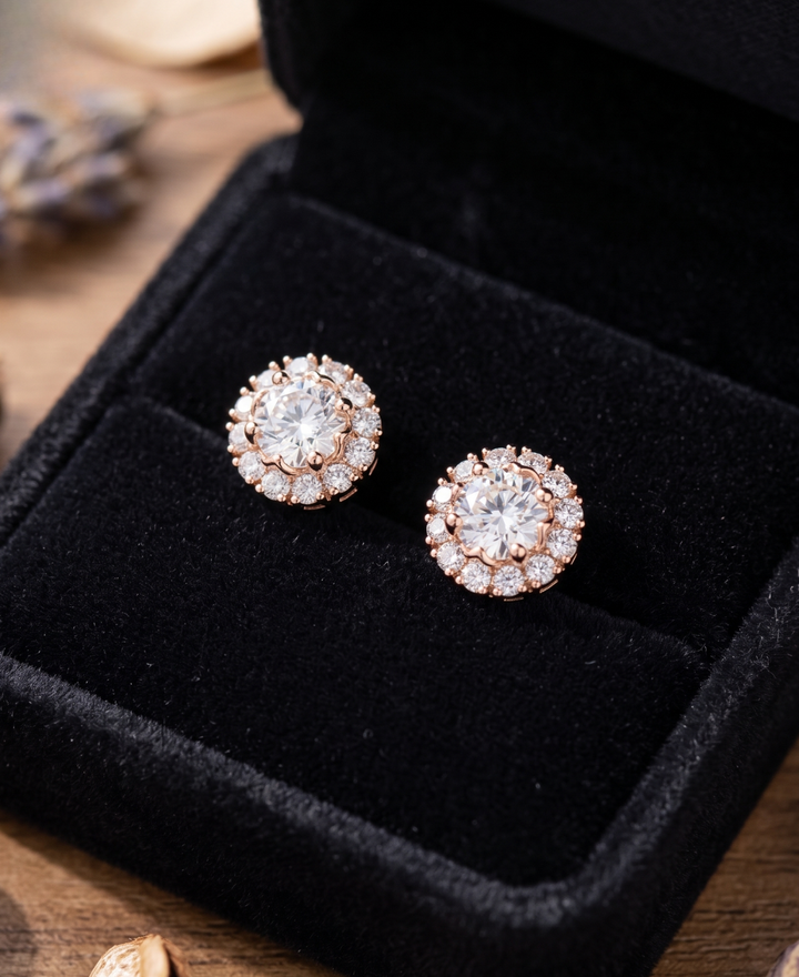 Premium round lab-grown diamond halo earrings by Kiashaa Jewellery with exceptional brilliance.