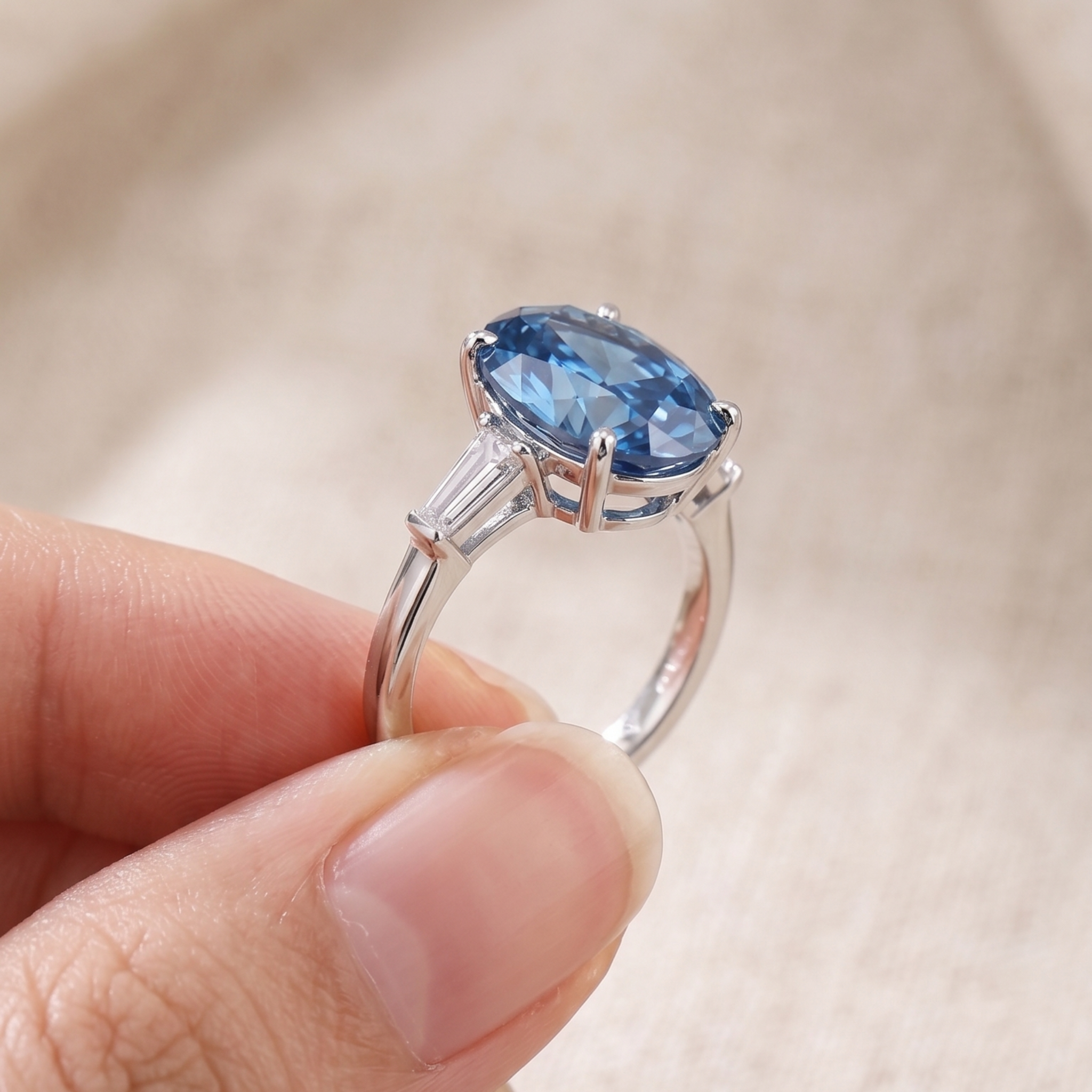 A silver ring with an oval-cut blue gemstone held between fingers against a soft beige background.