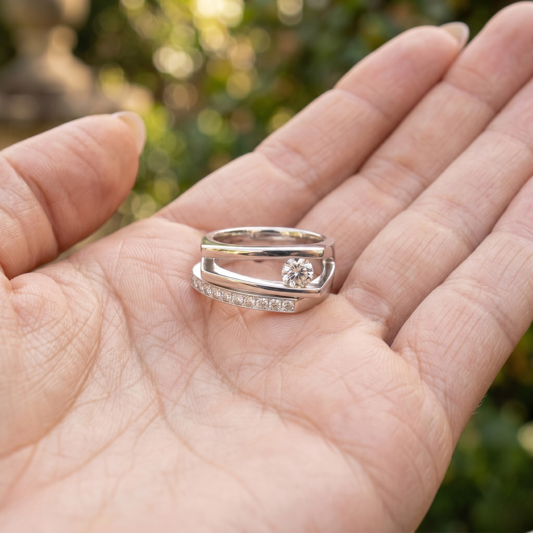 Geometric open-frame lab-grown diamond ring in white gold by Kiashaa Jewellery with 0.62 CTW of round diamonds.