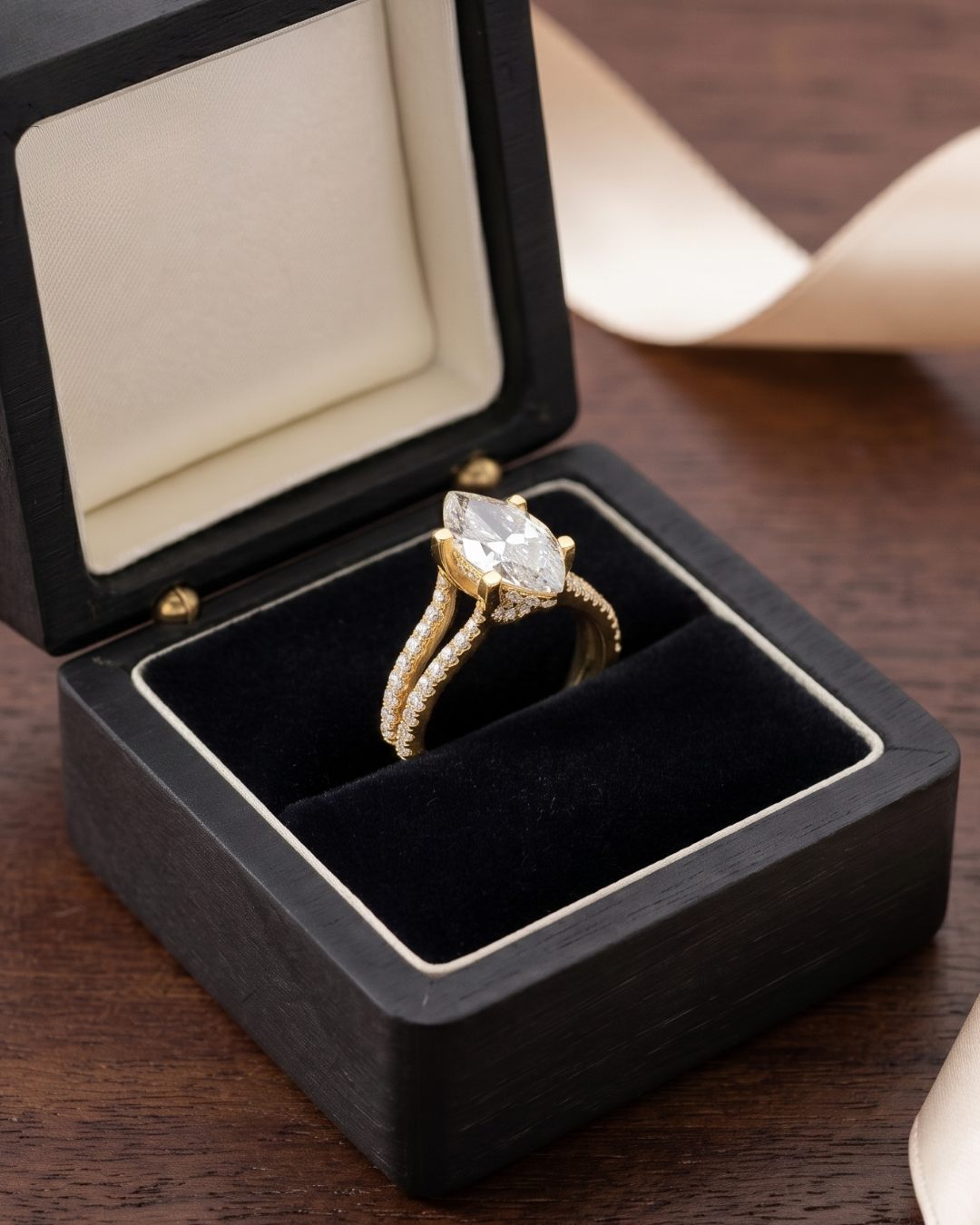 Kiashaa Jewellery ladies marquise diamond ring in rose gold with round diamond accents and a refined luxury setting.