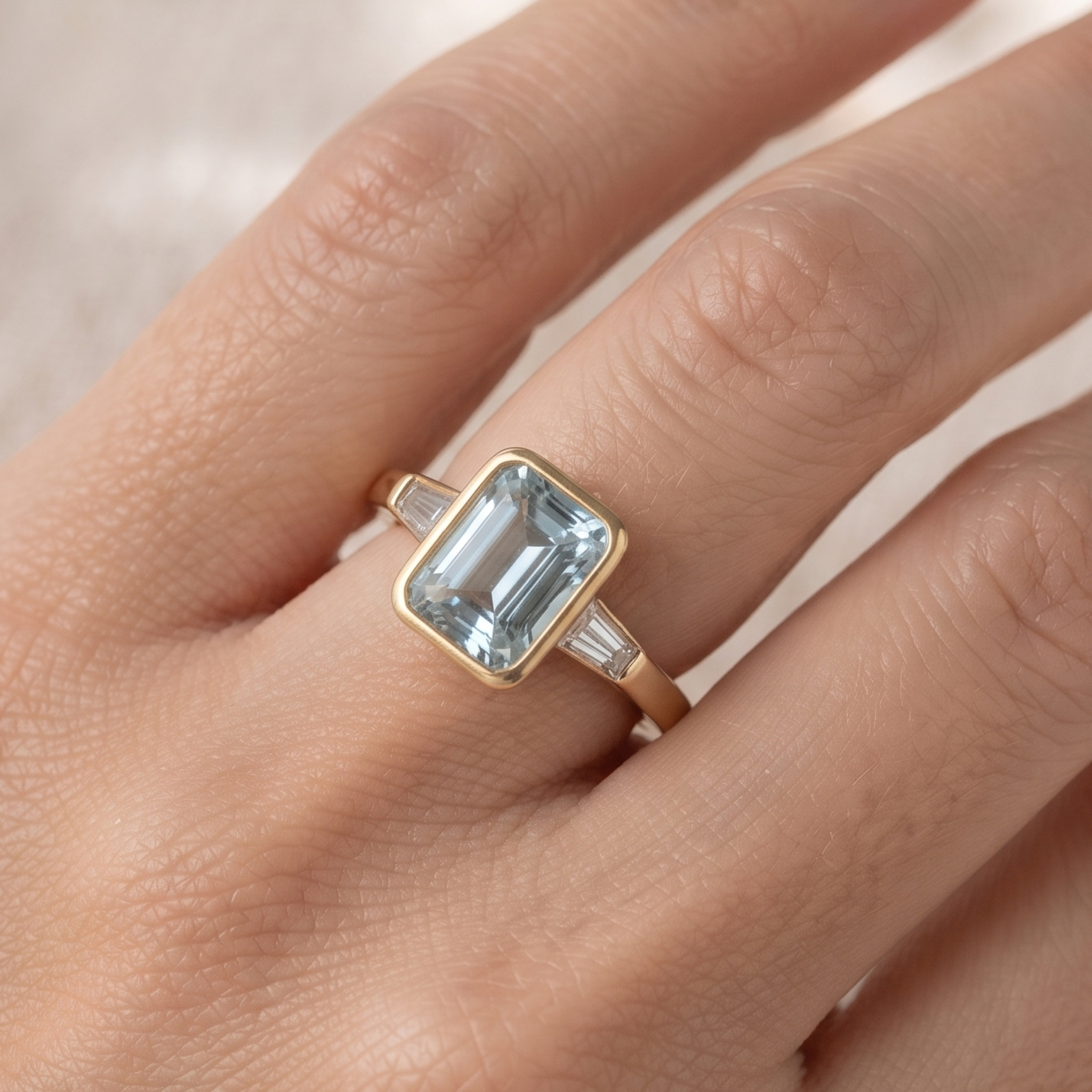 Aqua Cushion 1.351 CTW Cushion & Tapered Baguette Three-Stone Ring in 9K, 14K & 18K Gold