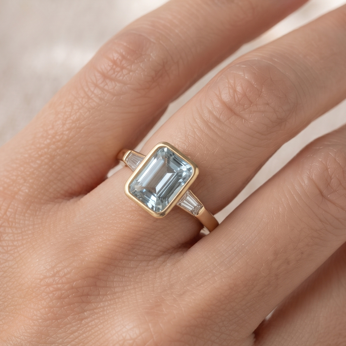 Aqua Cushion 1.351 CTW Cushion & Tapered Baguette Three-Stone Ring in 9K, 14K & 18K Gold