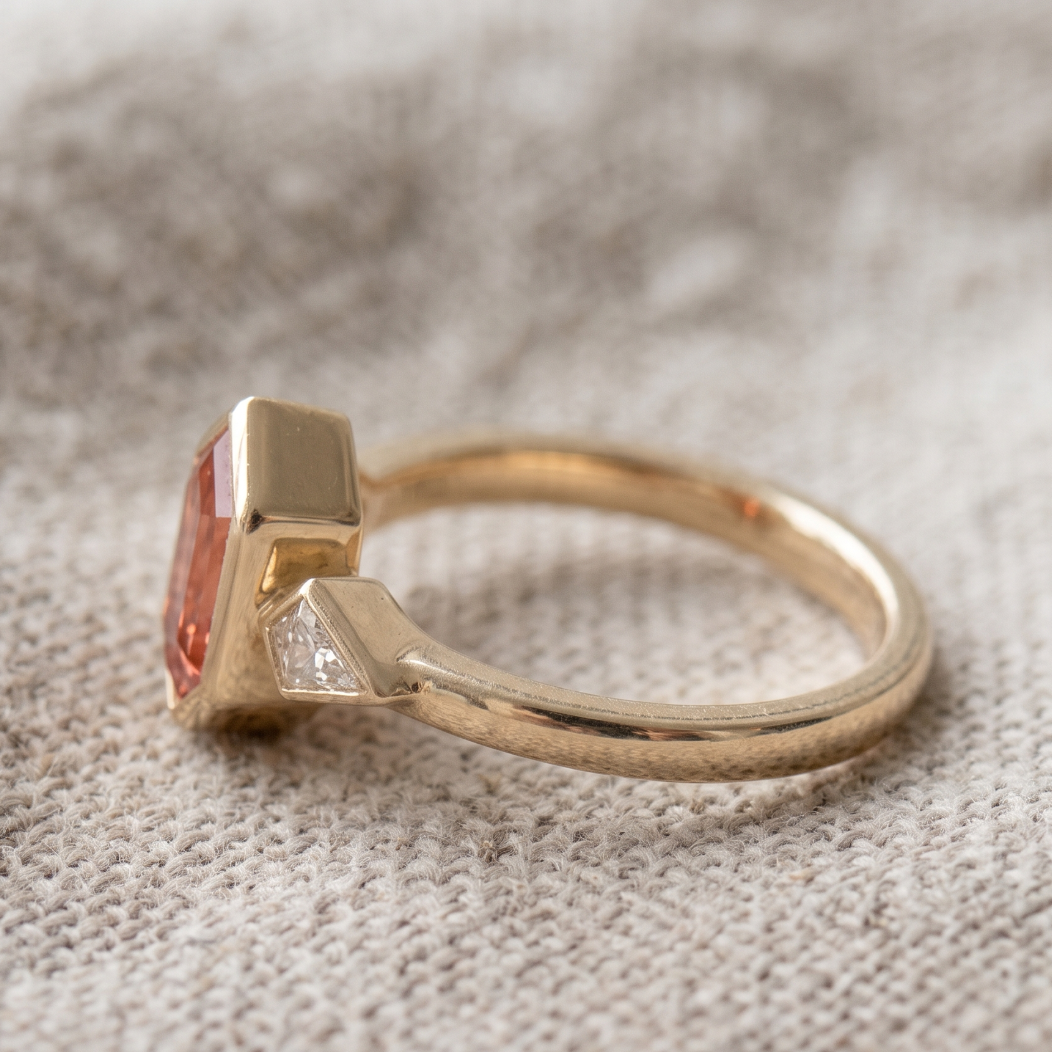 Kiashaa Jewellery 3 CTW pink geometric three-stone ring in polished yellow gold.