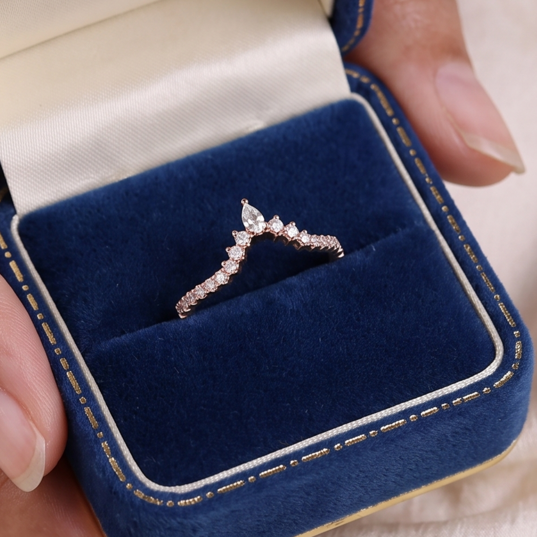A delicate silver-toned ring with a marquise-shaped clear gemstone and small pavé accents, displayed in an open blue velvet ring box held by hands.