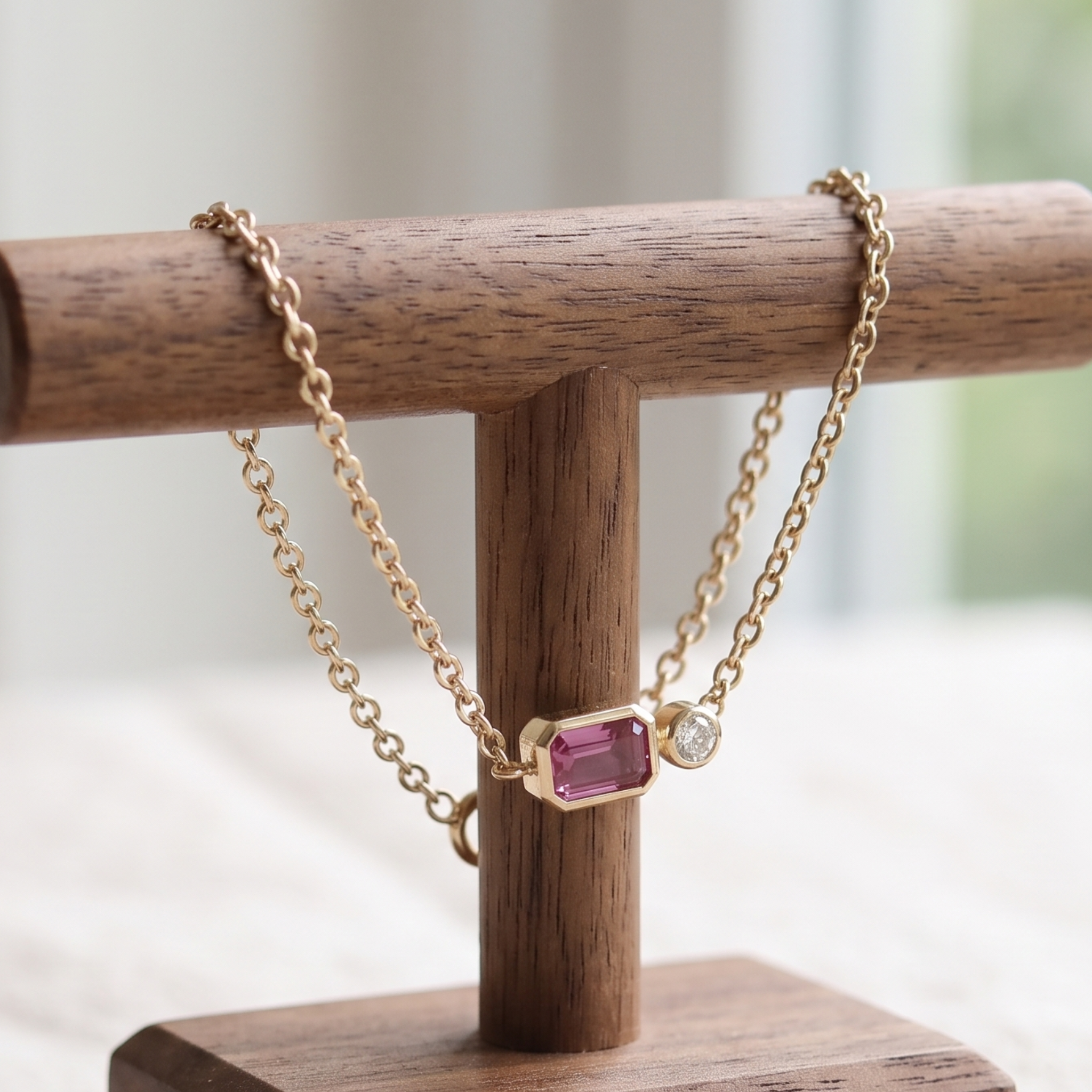 Kiashaa Jewellery 1.14 CTW pink emerald and round diamond bracelet in polished yellow gold.