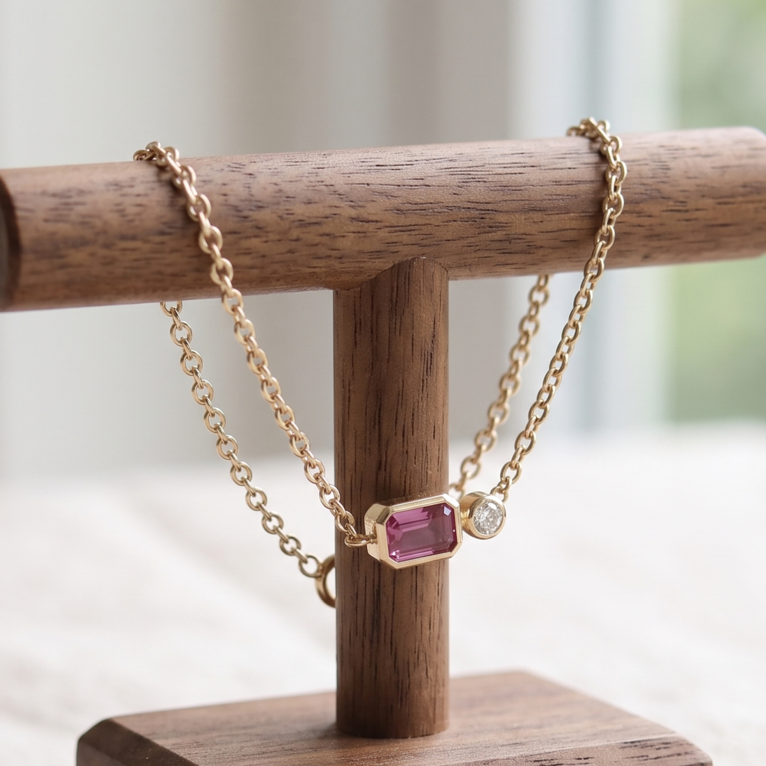 Kiashaa Jewellery 1.14 CTW pink emerald and round diamond bracelet in polished yellow gold.
