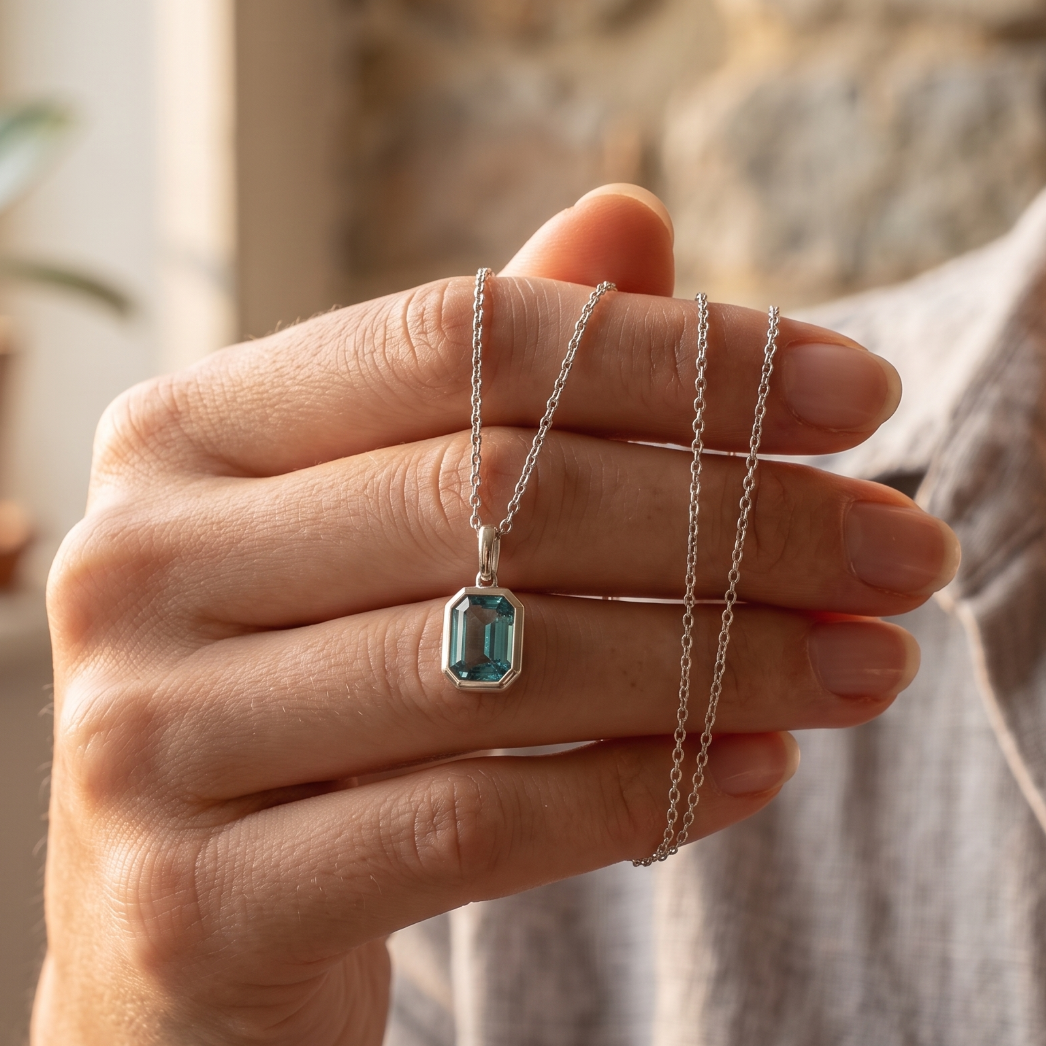 1.73 CT teal emerald-cut pendant necklace in polished yellow gold.