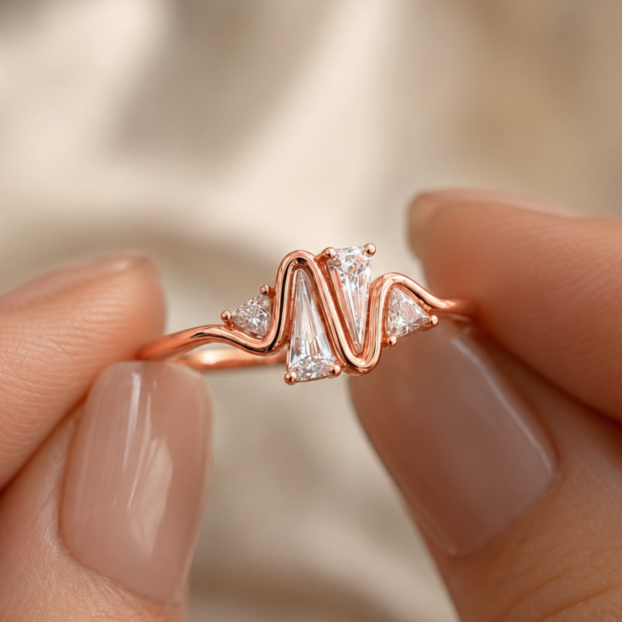A close-up of a rose gold ring with a wavy, zig-zag setting and clear gemstones, held between two fingers against a soft beige background.