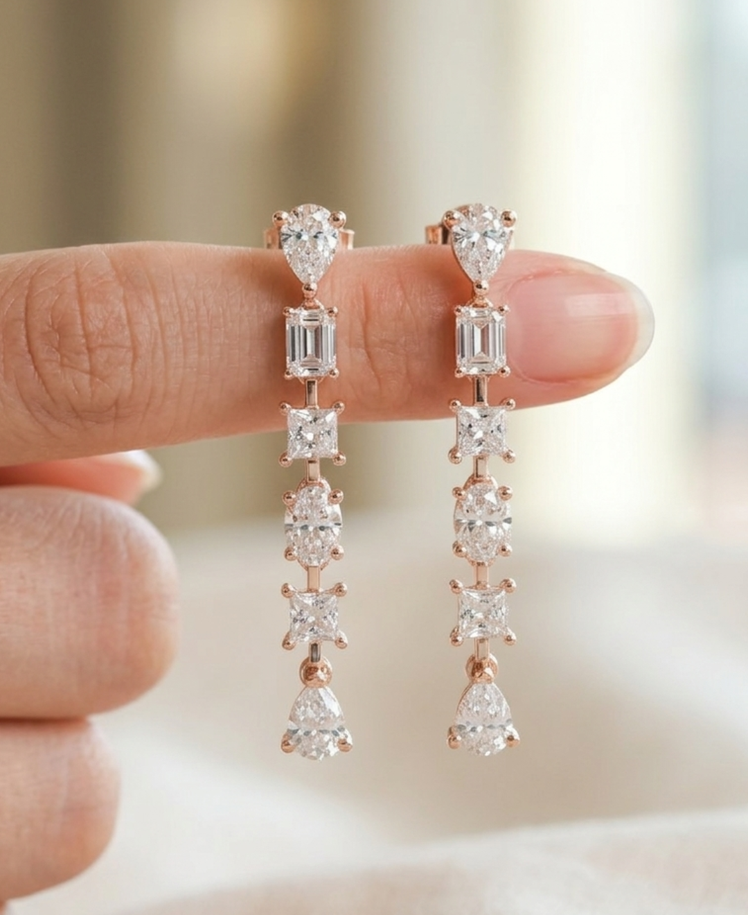 Luxury multi-shape diamond earrings with straight posts, secure push-back closures, and articulated movement.