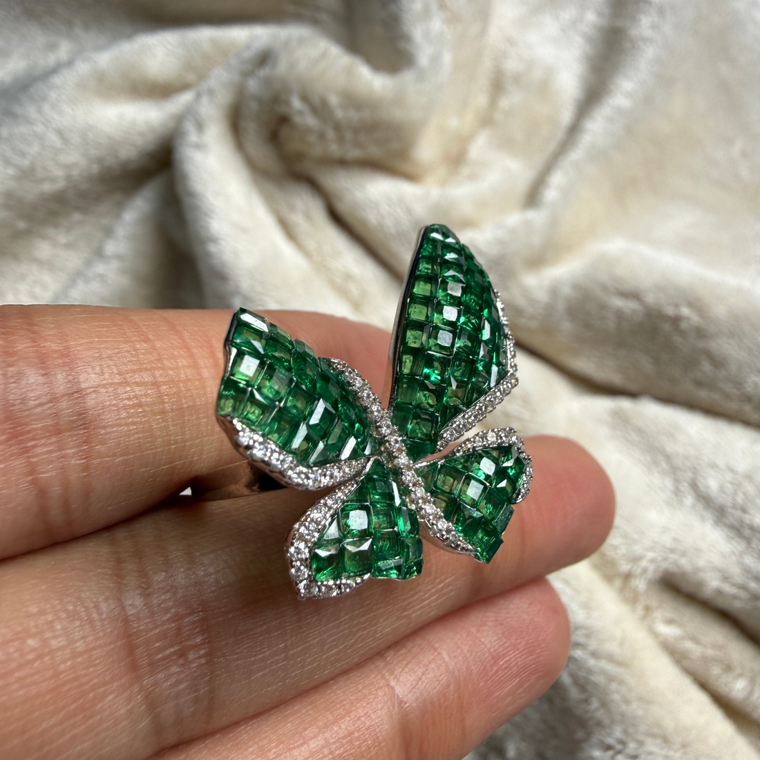 Green CZ butterfly and lab-grown diamond statement ring by Kiashaa Jewellery.