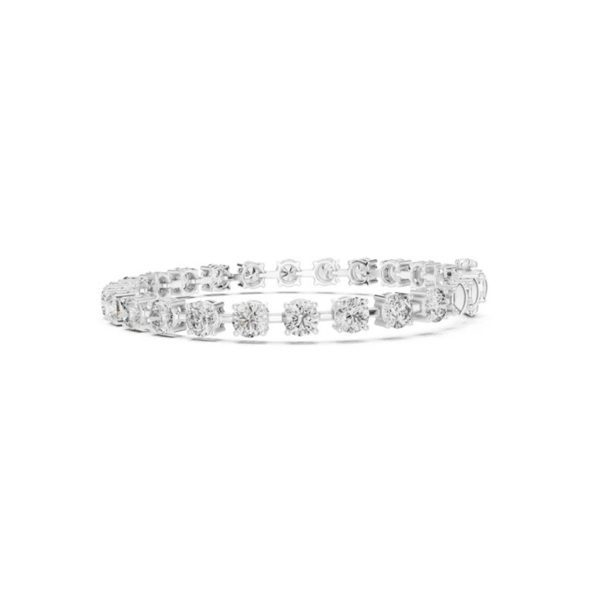 A diamond tennis bracelet in a silver-toned setting, displayed horizontally against a plain white background.