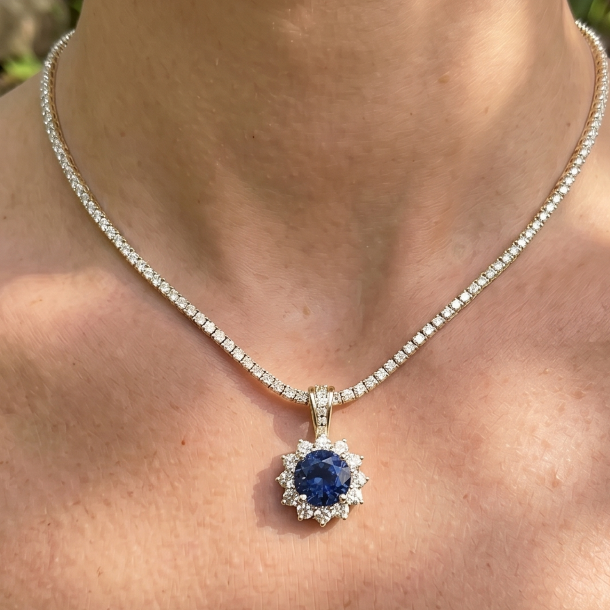 Royal Bloom 5 CT Blue Center Stone & Diamond Halo Pendant Necklace
