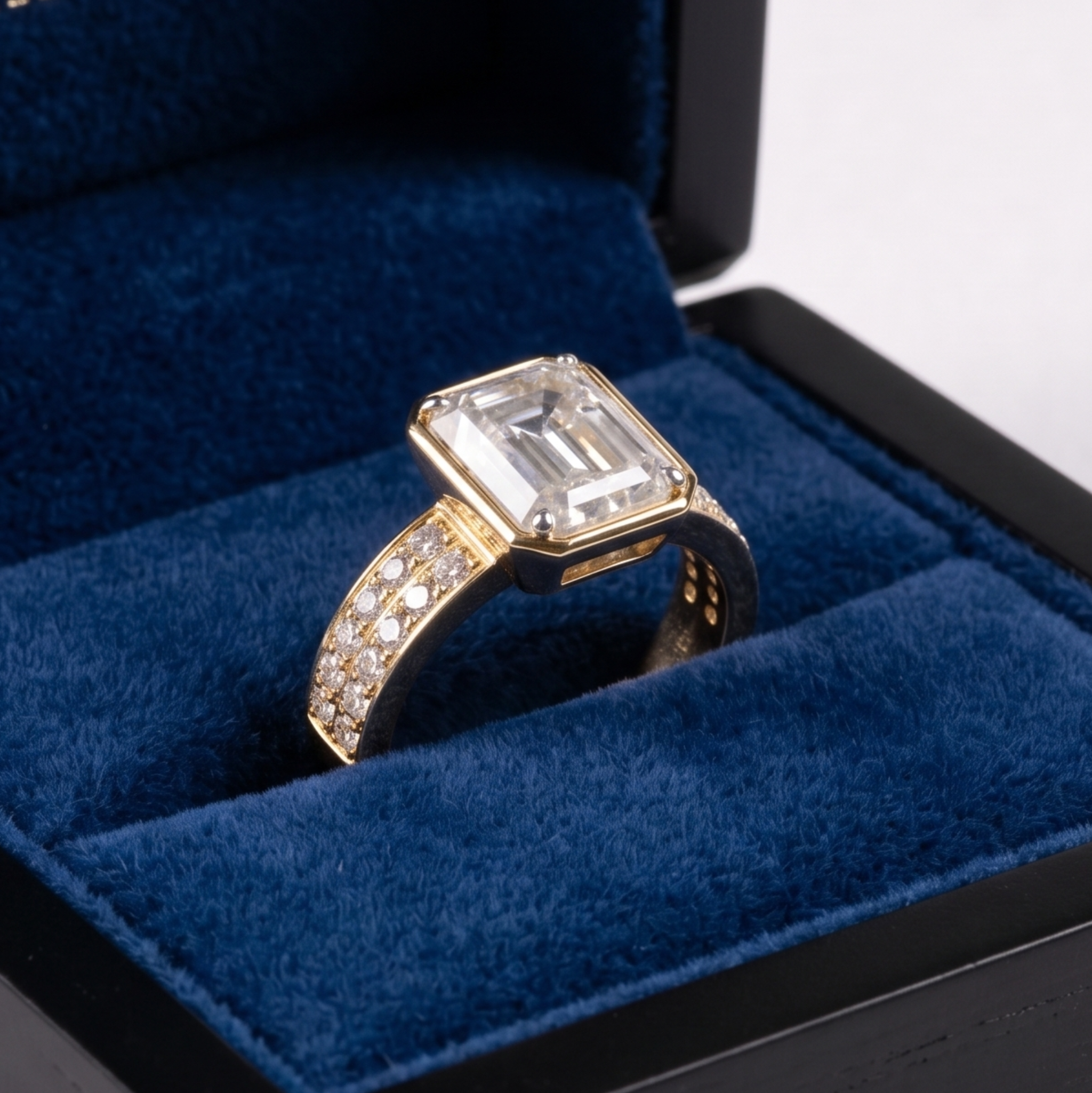 A yellow gold ring with a large rectangular emerald-cut clear center stone and pavé-set accent stones on the band, displayed inside an open dark blue velvet ring box.