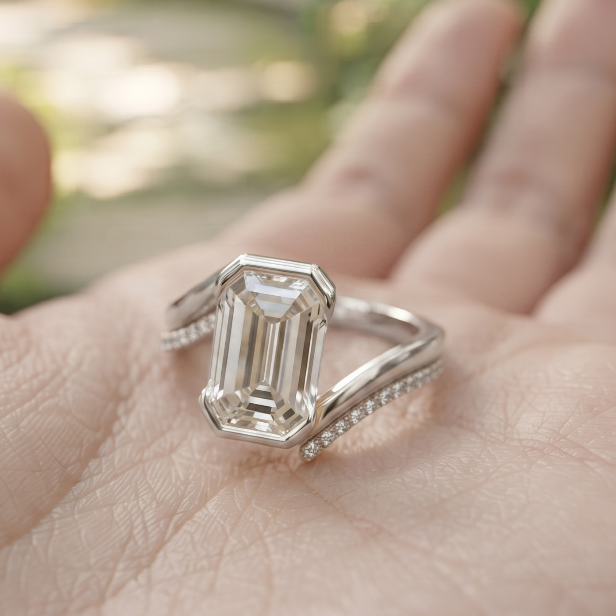 2 CT Emerald-Cut Diamond Bypass Ring with Pavé Accents in 14K & 18K Gold