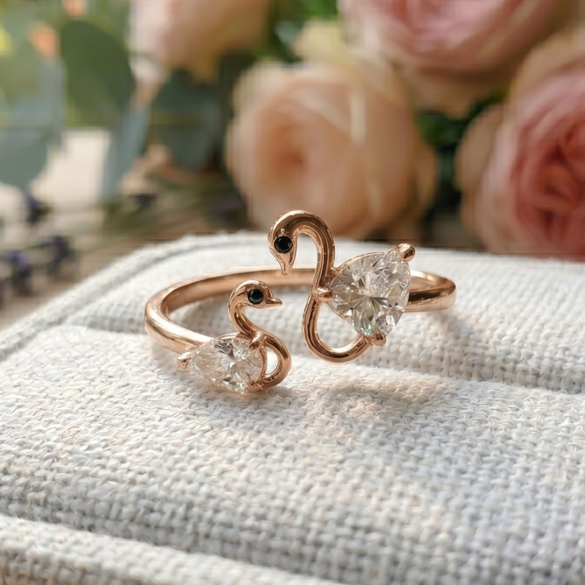 Swan Embrace 2.50 CTW lab-grown diamond ring by Kiashaa Jewellery with a 2 CT heart center and 0.50 CT pear side diamond.