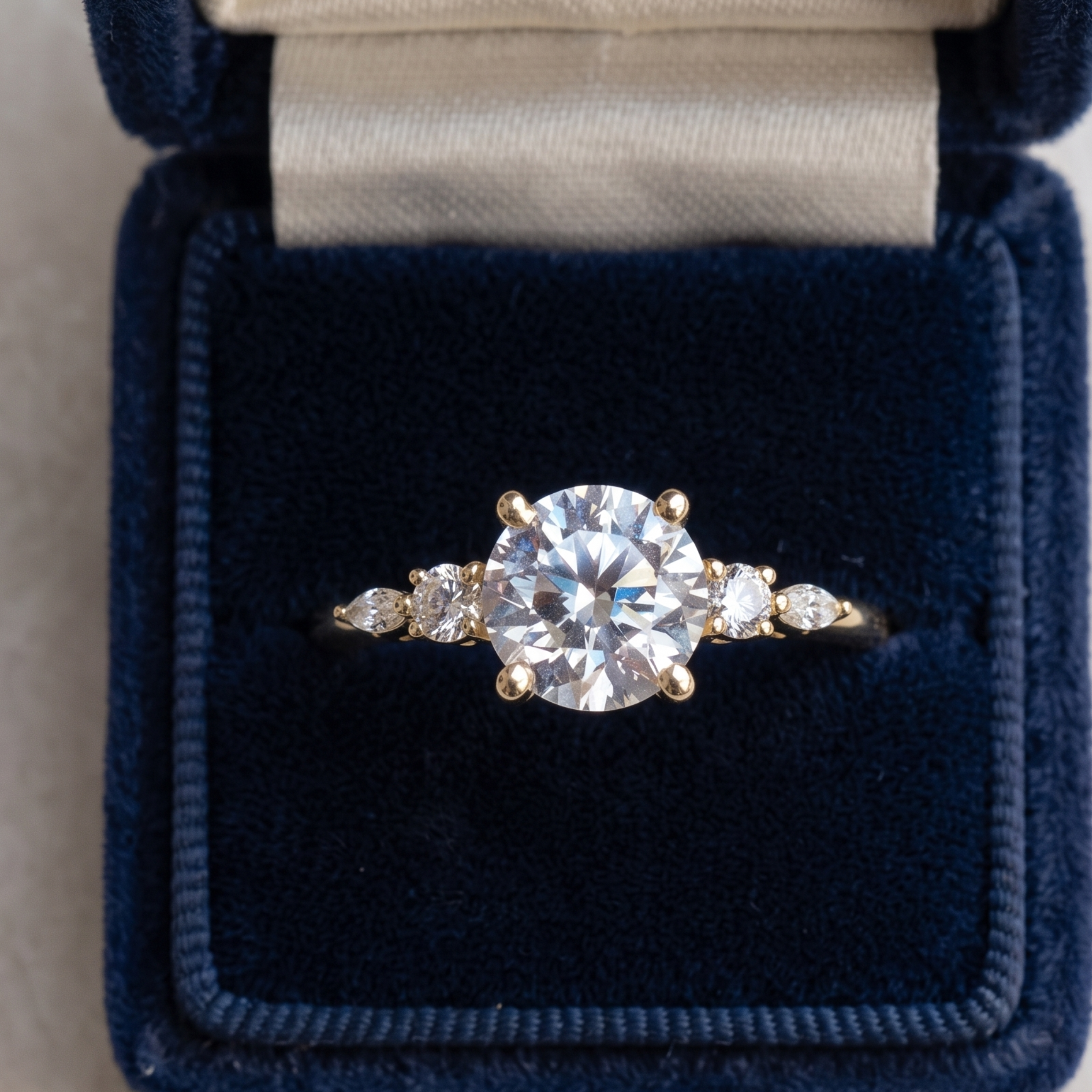 A yellow gold engagement ring with a round brilliant-cut center stone and smaller side stones, displayed in an open dark blue velvet ring box.