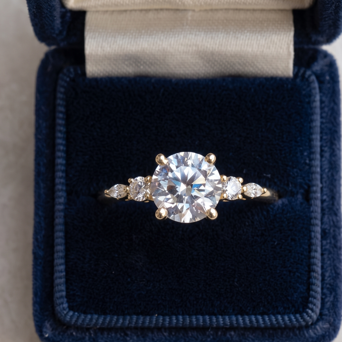 A yellow gold engagement ring with a round brilliant-cut center stone and smaller side stones, displayed in an open dark blue velvet ring box.
