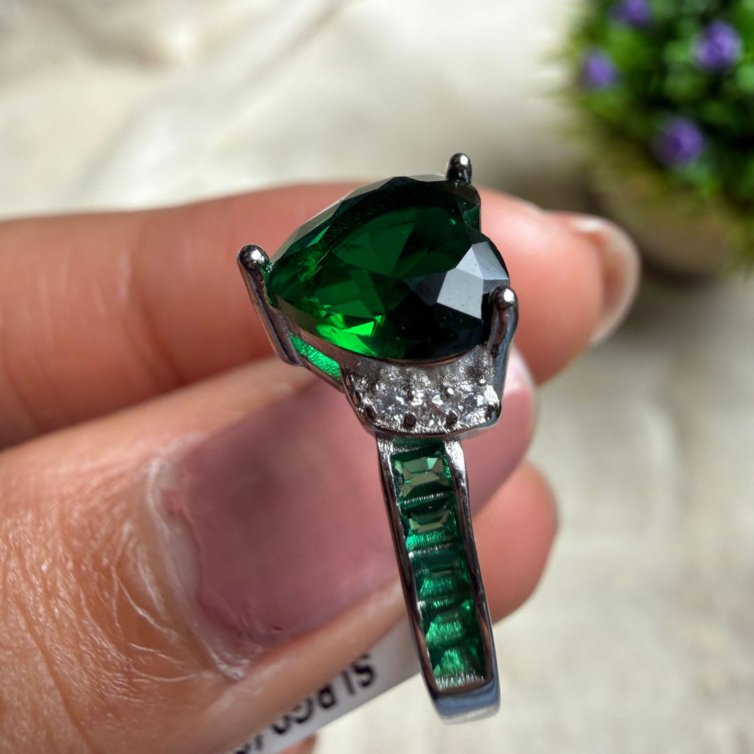Green heart gemstone and lab-grown diamond ring in white gold by Kiashaa Jewellery.