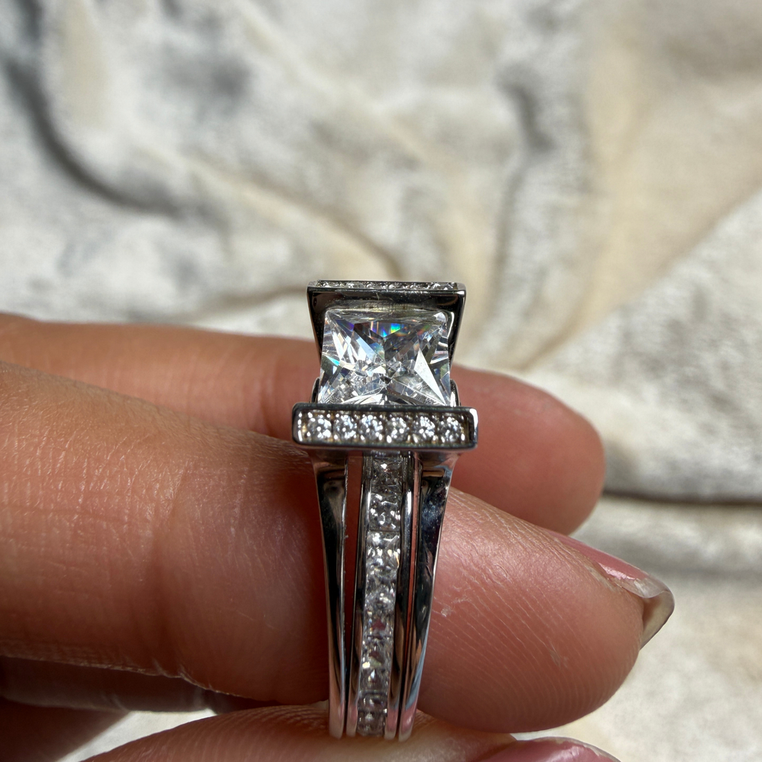 Princess-cut lab-grown diamond split-shank ring in white gold by Kiashaa Jewellery.