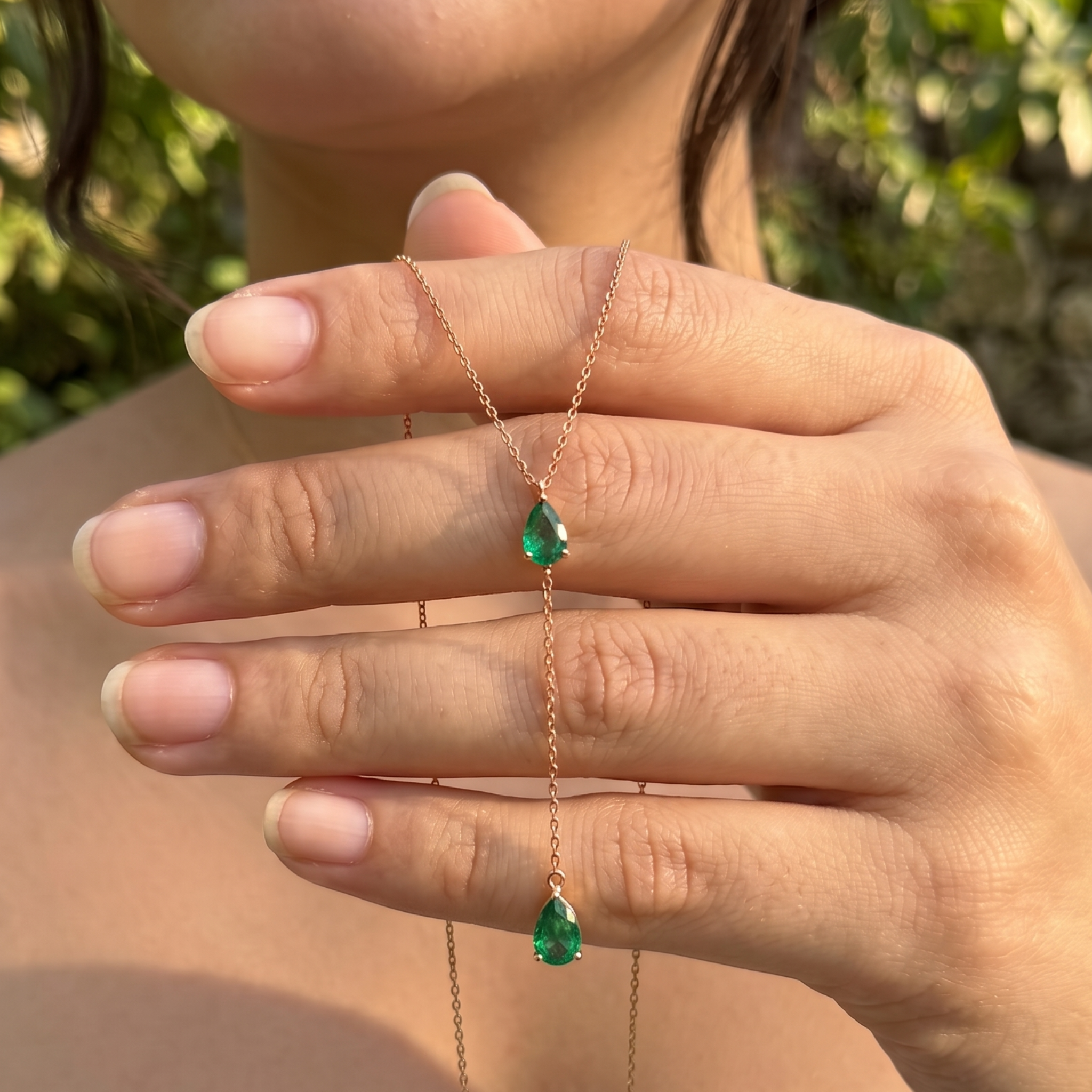 Emerald Drop 1.50 CTW pear gemstone Y-necklace by Kiashaa Jewellery with two 7 × 5 mm green pear stones.