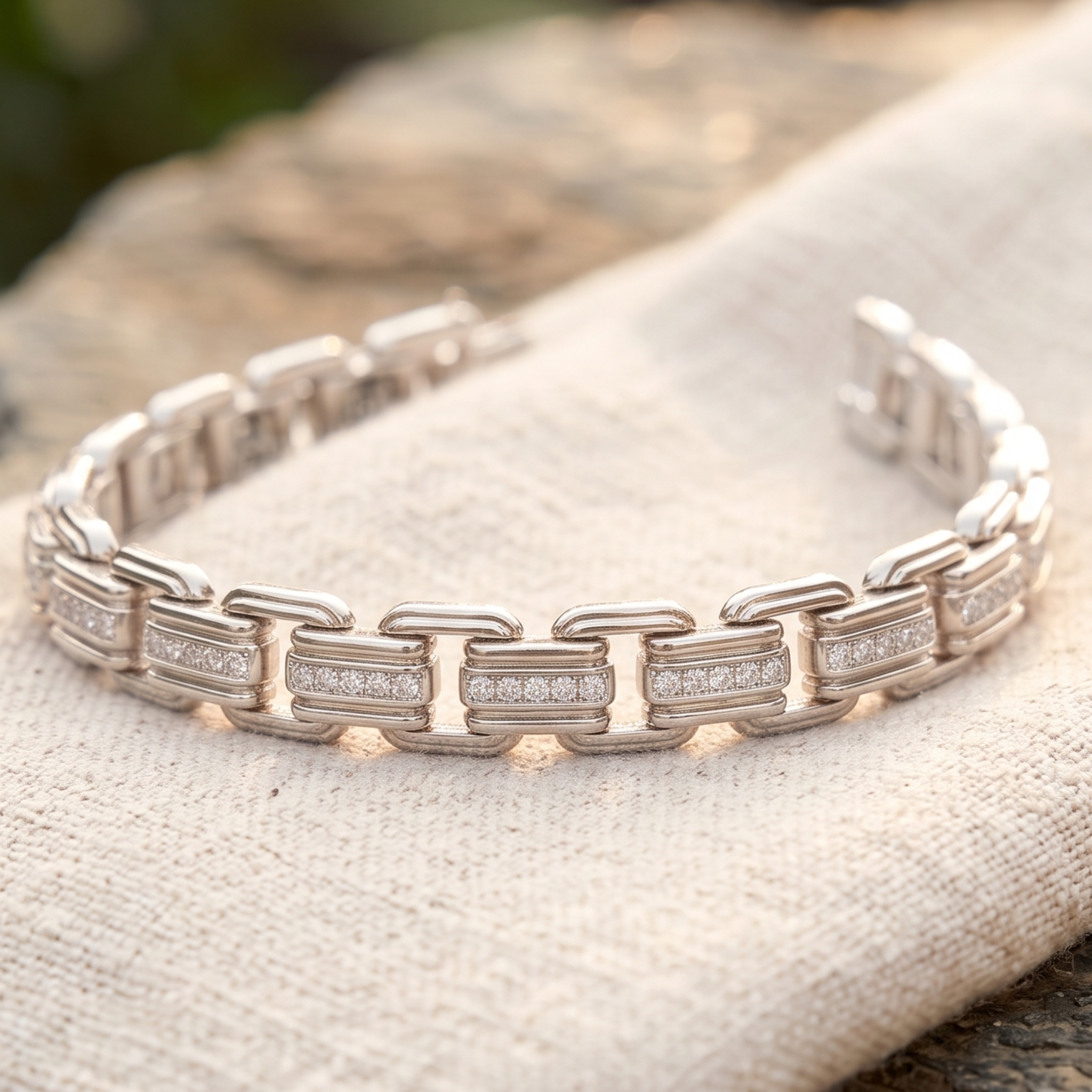 A silver-toned link bracelet with rectangular and rounded chain links, featuring rows of small clear stones on the front, displayed on a textured beige fabric surface.